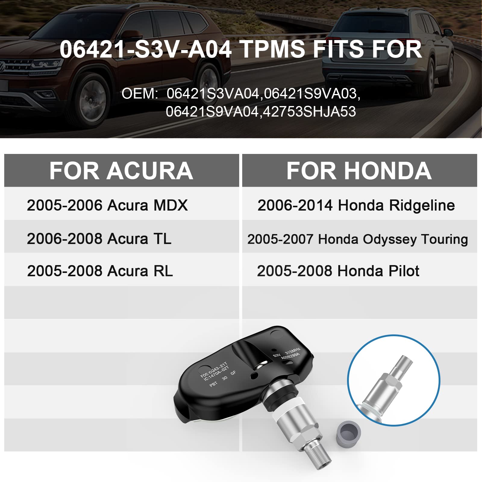 TPMS Sensor, 315MHZ Tire Pressure Monitor System Sensors for Acura MDX 2005 2006 TL 2006-2008 RL 2005-2008|Honda Odyssey Touring