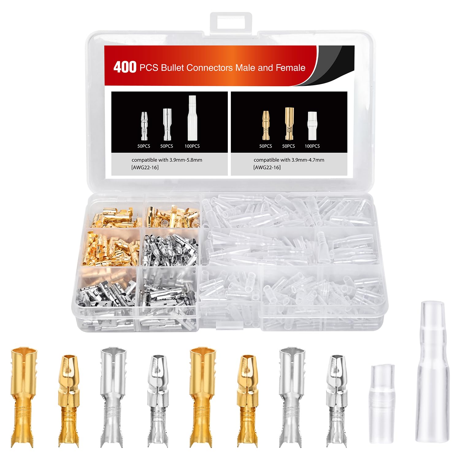 Nilight 400Pcs 3.9Mm Bullet Connectors Male And Female Brass Wire Terminals Connector With Insulation Cover For 22-16Awg Electri