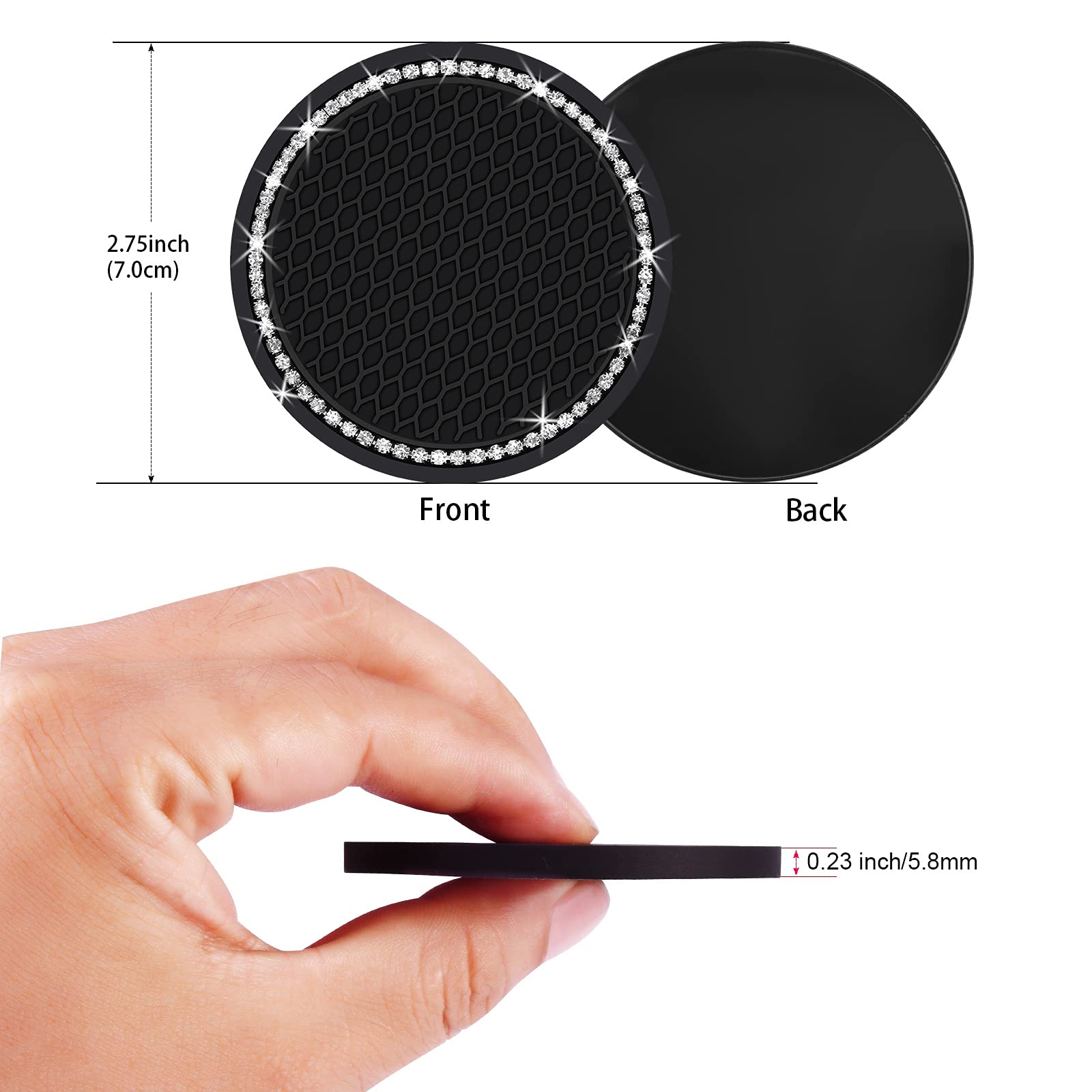 2Pcs Bling Car Cup Coaster, 2.75 Inch Auto Car Cup Holder Insert Coasters Silicone Anti-Slip Crystal Rhinestone Drink Car Cup Mat, Universal Vehicle Interior Accessories For Women Girls (Black)