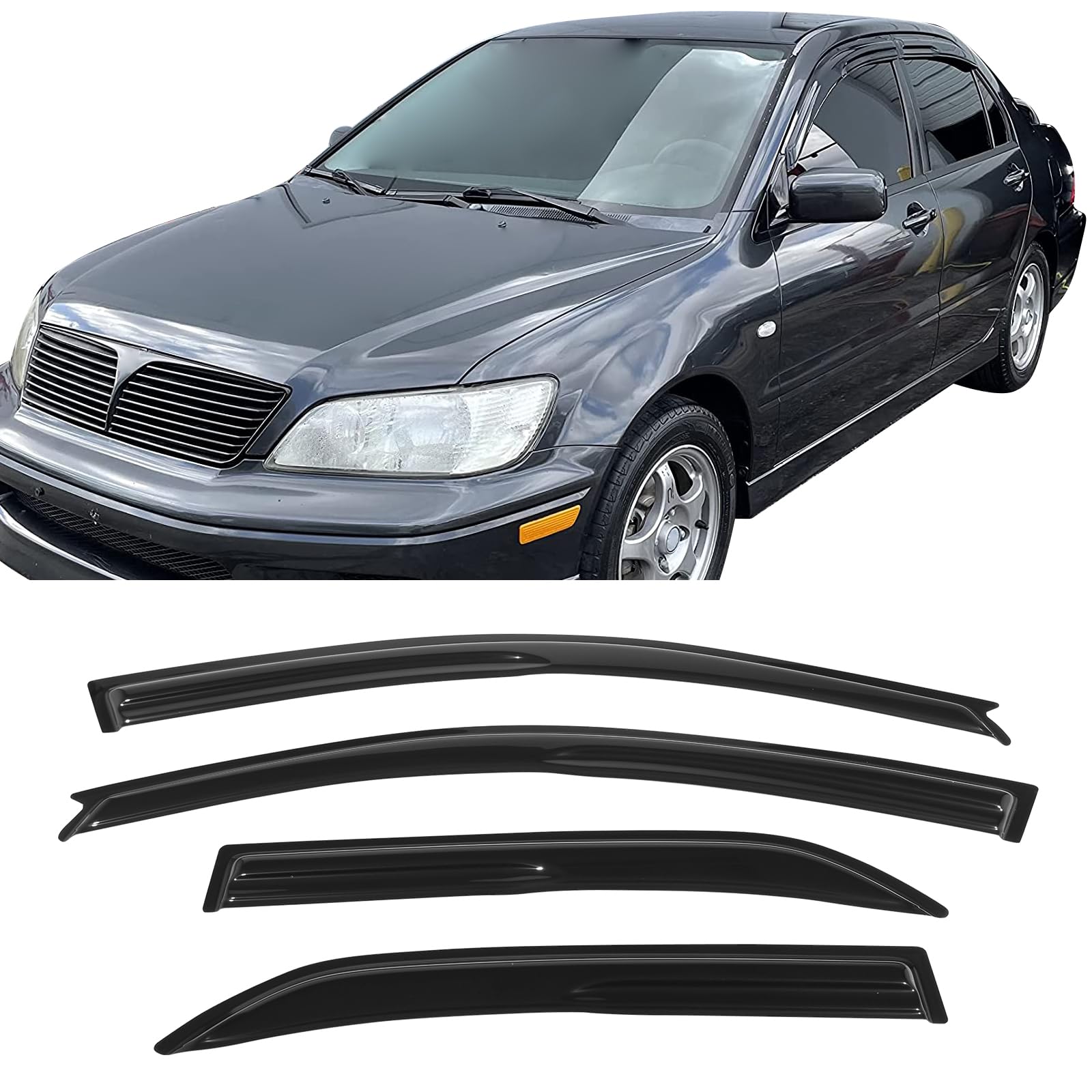 Window Visors Compatible With 2002-2007 Mitsubishi Lancer Sedan, Smoked Aero Jdm Wind Deflectors Stick On By Ikon Motorsports, 2