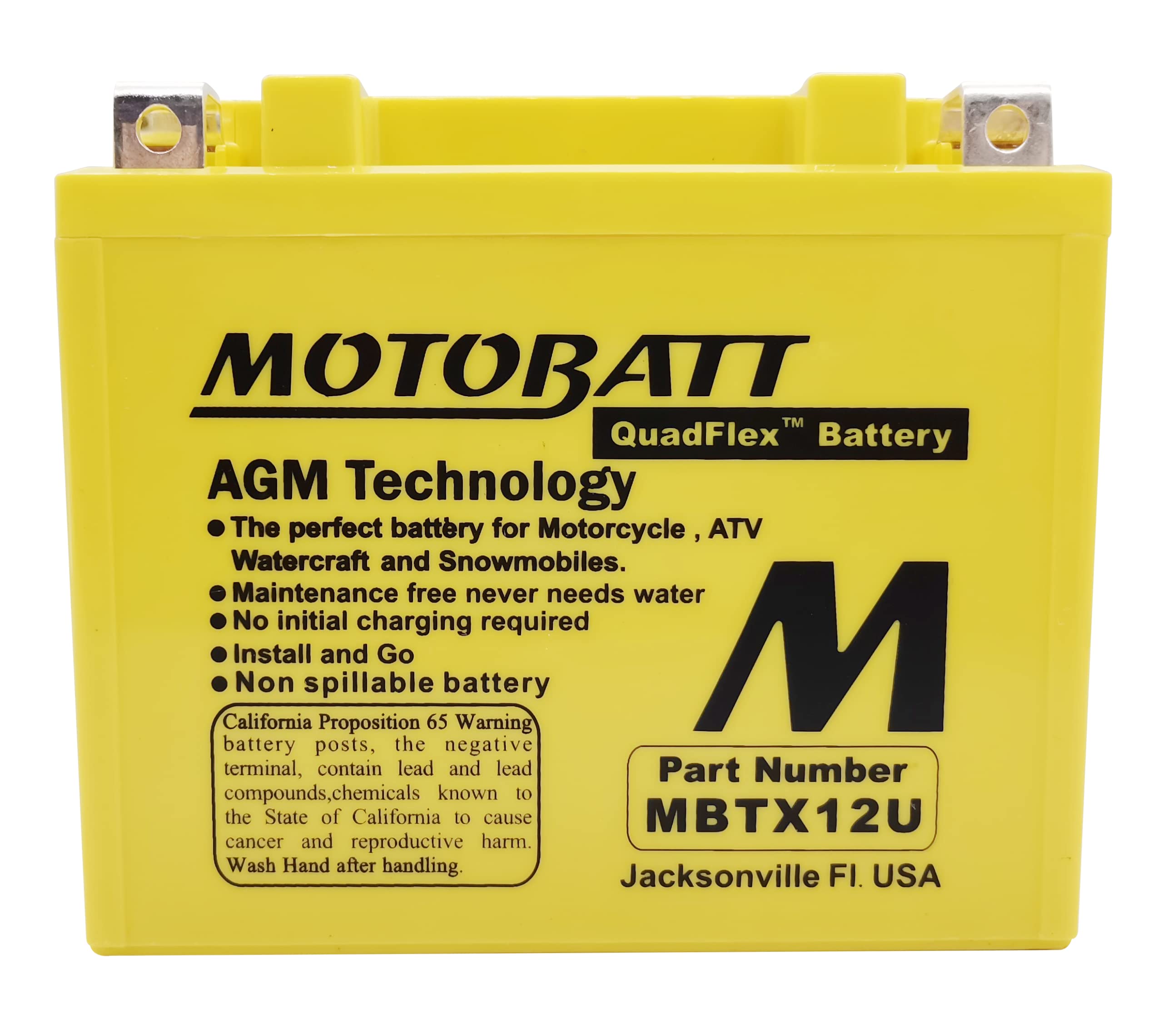 MotoBatt MBTX12U AGM Battery - 12V 14 Amp, 200CCA, QuadFlex, Compatible with YB12BB2, YTX12, YTX14 Models