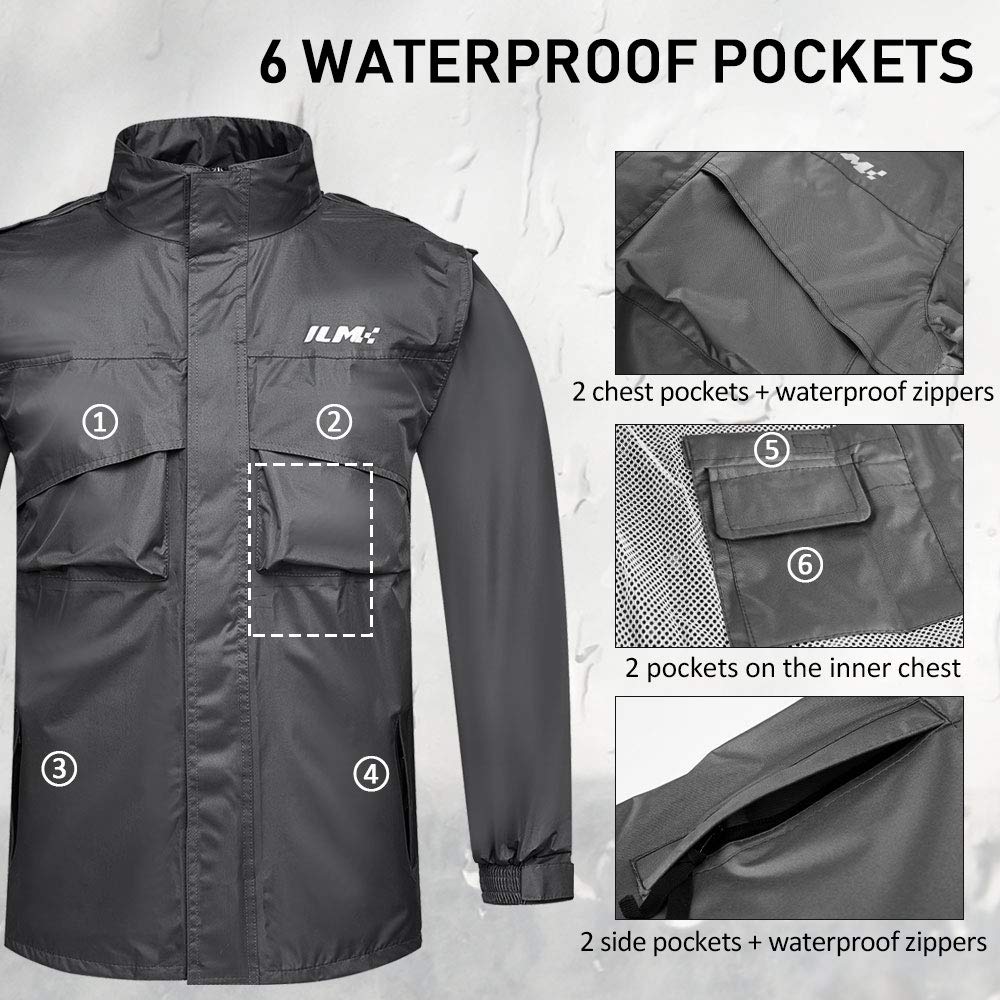 ILM Motorcycle Rain Suit, Waterproof 2-Piece Set, Small, Gray, Polyester Blend, Model Ilm-rs02, 6 Pockets