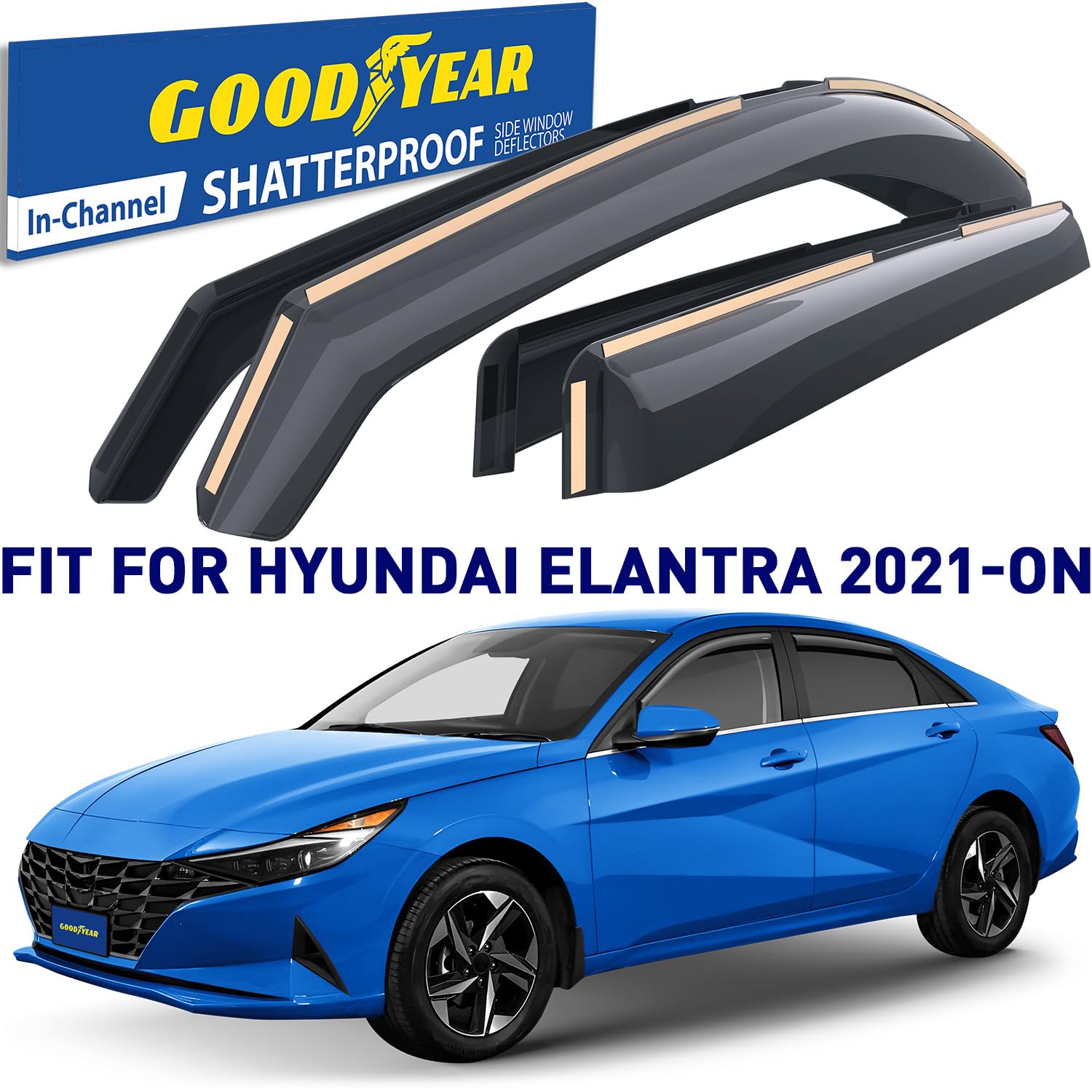 Goodyear Window Deflectors for Hyundai Elantra 2021-2025, Shatterproof Rain Guards, Polycarbonate, 4 pcs - Model GY003475