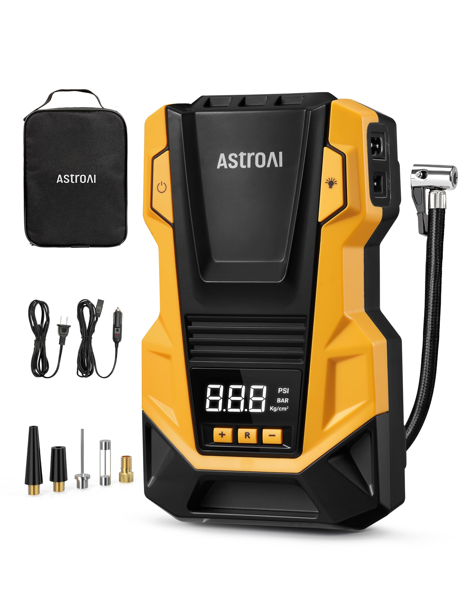 AstroAI Portable Air Compressor Tire Inflator 150PSI with LED Light - Yellow for Cars, Balls, Motorcycles, and Inflatables