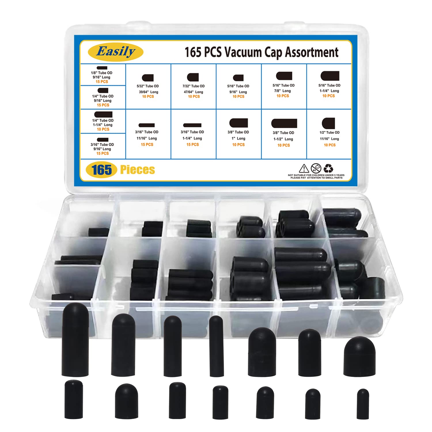Vacuum Caps Rubber Plug Kit, 165 PCS 14 Size Assorted Vacuum Plugs Hose End Caps Assortment Kit for Carburetor, Manifold, Automo