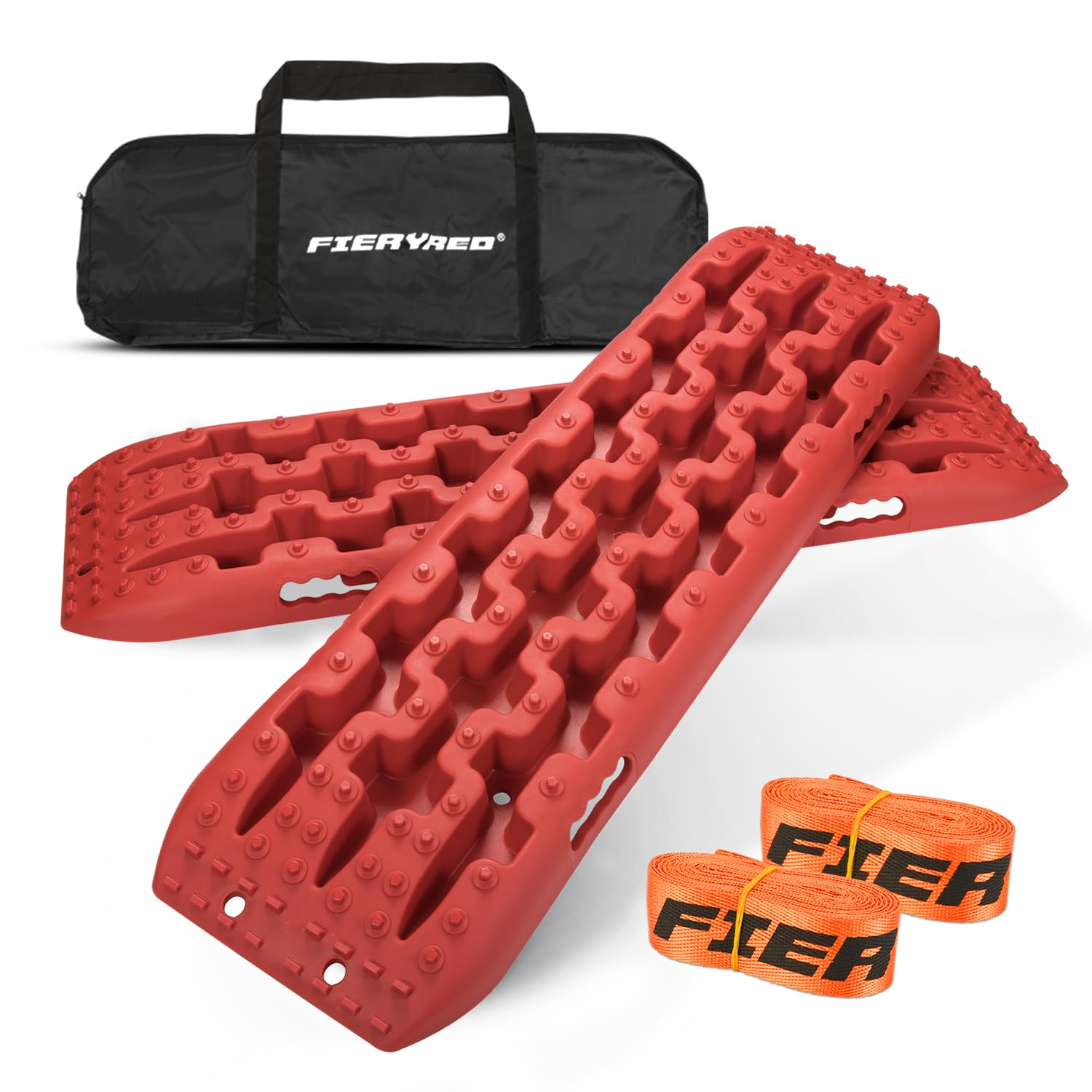 FIERYRED Offroad Traction Boards - 2Pcs Recovery Tracks, Nylon, Red, Model RTK-UFA, Includes 2 Leashes & Carry Bag for Sand, Mud, Snow