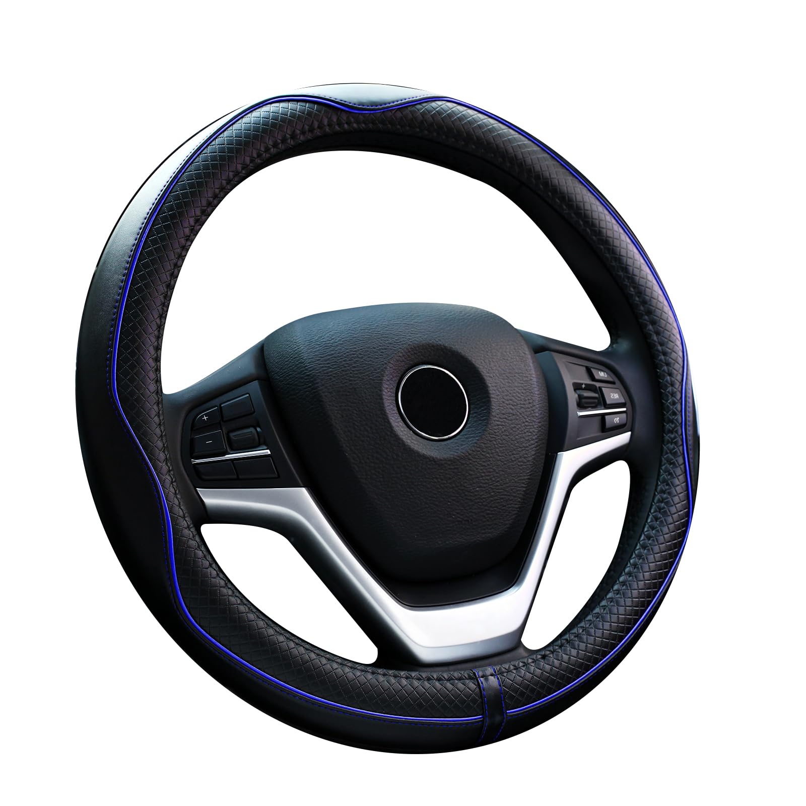 Valleycomfy Steering Wheel Covers Universal 15 Inch - Genuine Leather, Breathable, Anti Slip & Odor Free (Black With Blue Lines,