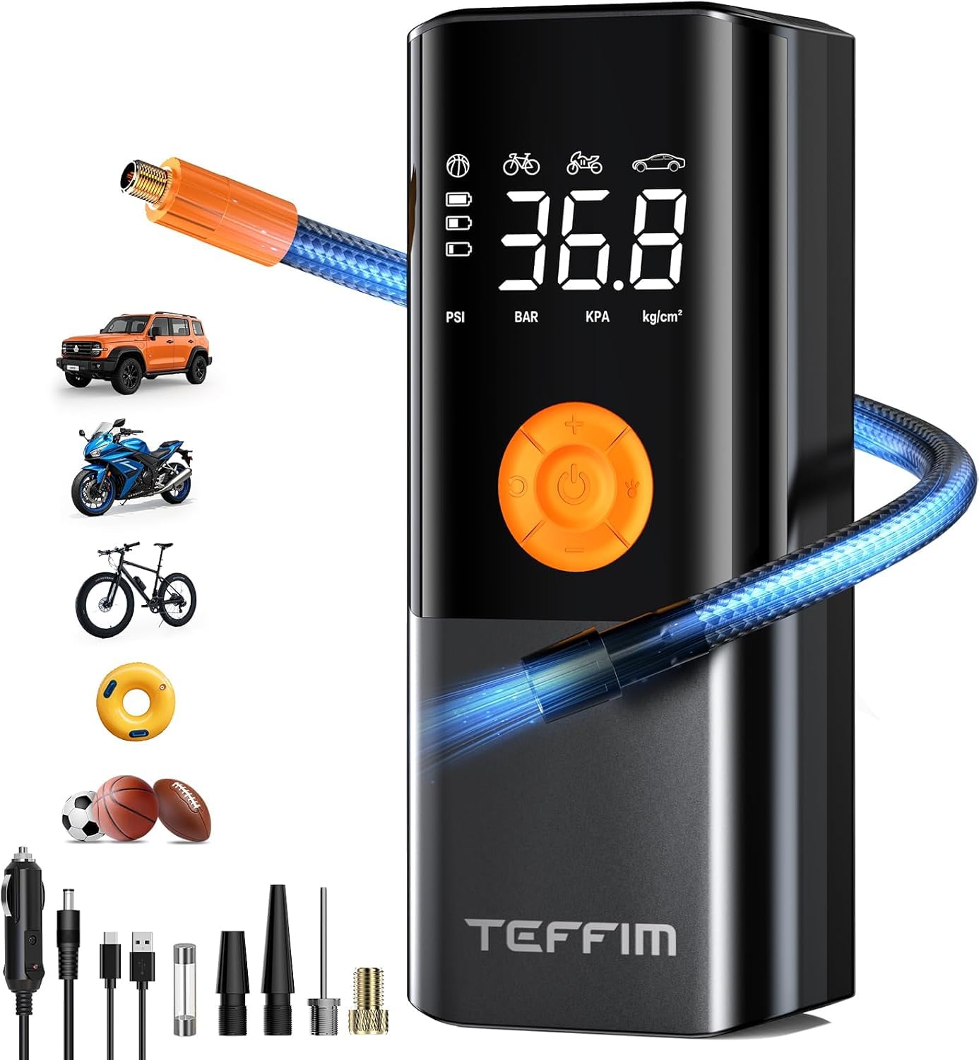 Tire Inflator Portable Air Compressor,with LCD Digital Pressure Gauge & LED Light for Motorcycle, Bike, Ball, Car Accessories