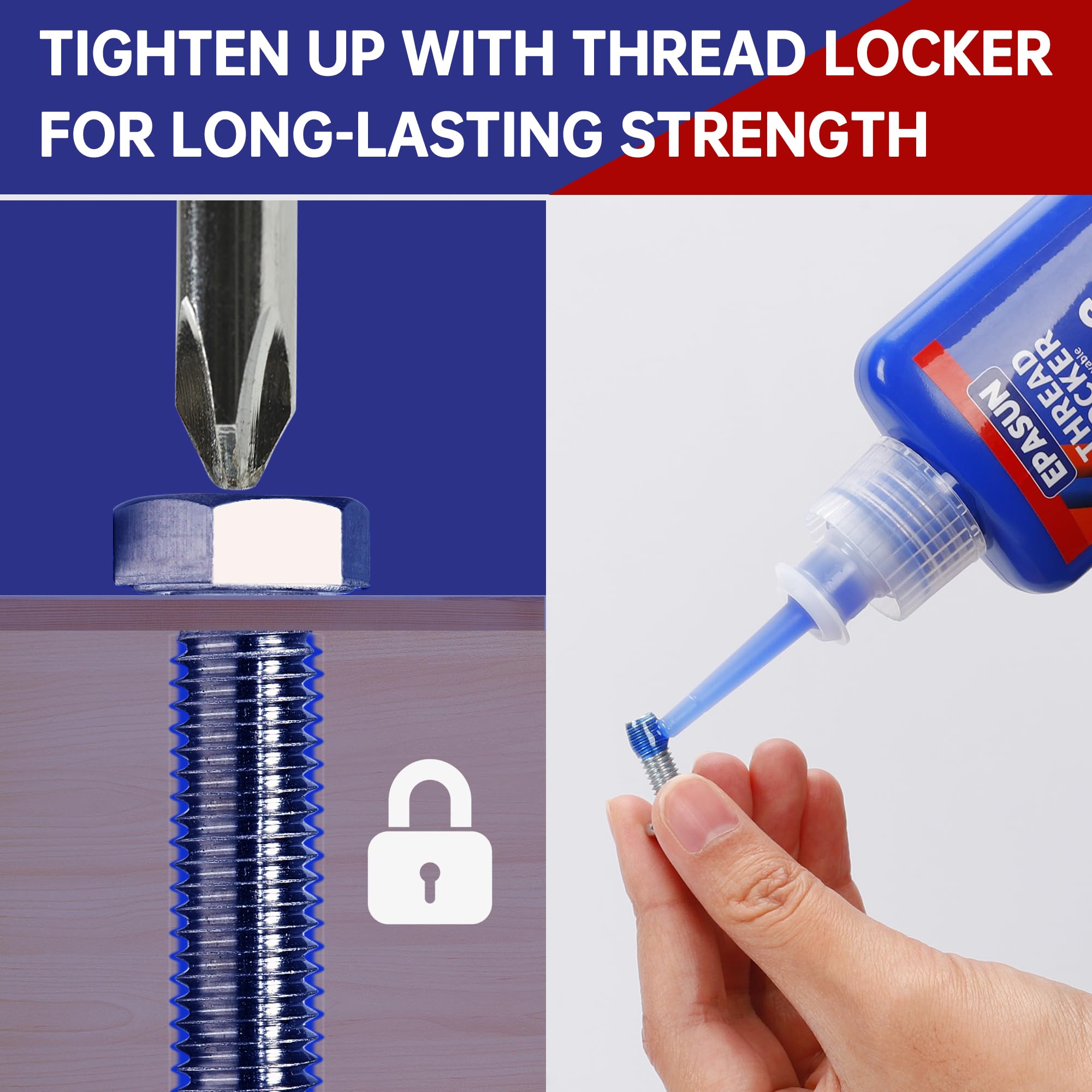 EPASUN Threadlocker Blue and Red, 50ml, Medium and Strong Strength for Nuts, Bolts, Fasteners to Prevent Loosening and Corrosion