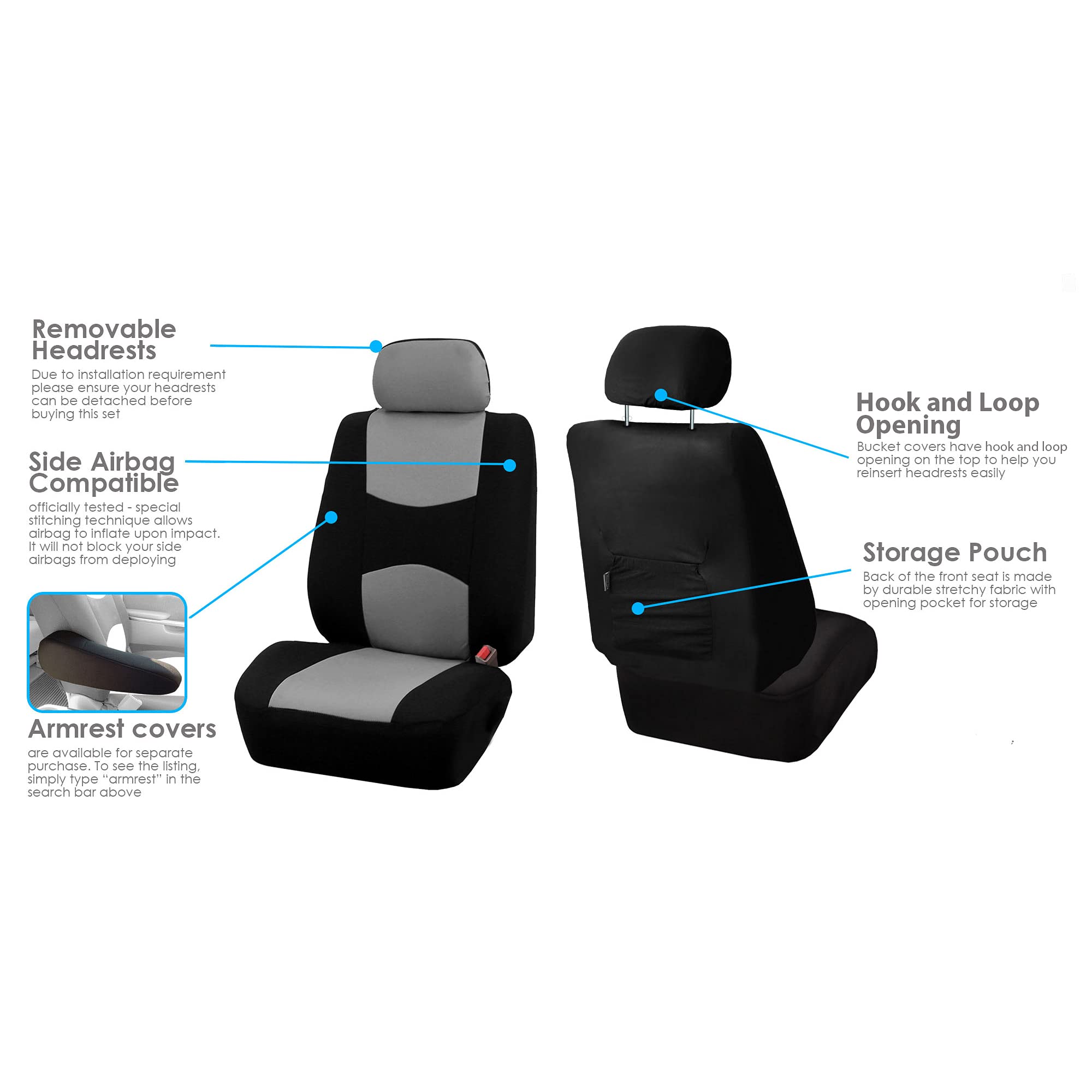 Fh Group Front Set Cloth Car Seat Covers For Low Back Seats With Removable Headrest, Universal Fit, Airbag Compatible Car Seat C