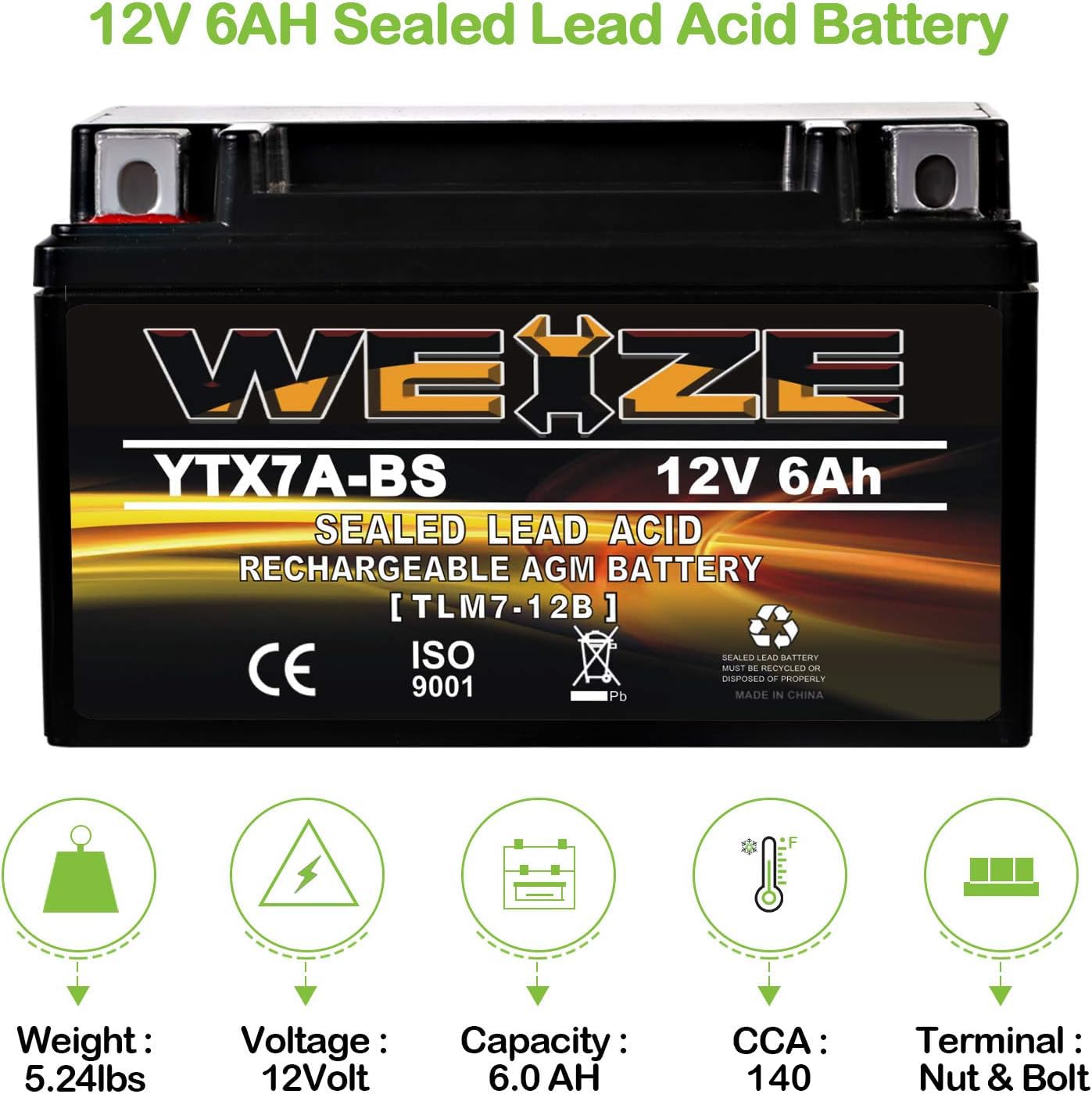 WEIZE YTX7A-BS Sealed AGM Motorcycle Battery - Maintenance Free, 5.90 x 3.43 x 3.74 inches, Compatible with 50CC 125CC