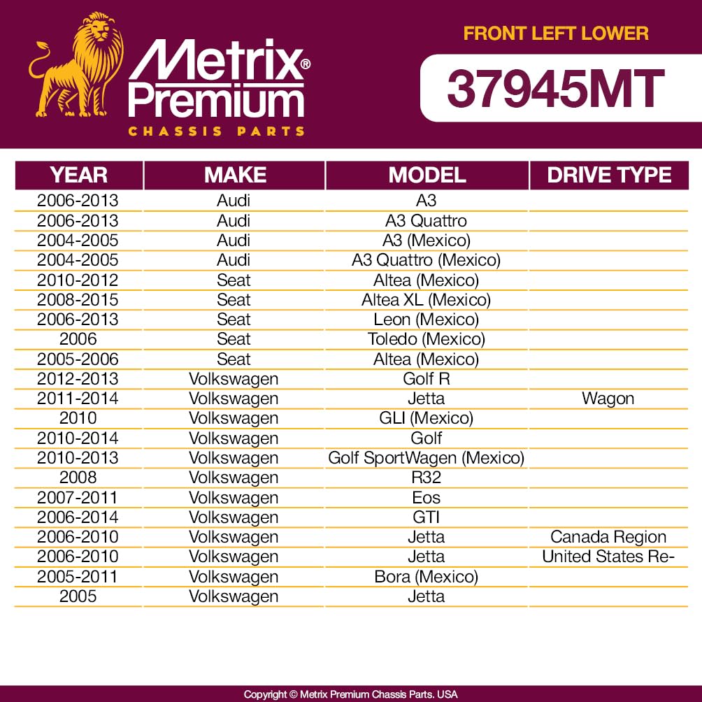 Metrix Premium Chassis Parts - Front Left Lower Control Arm Fits 06-13 Audi A3, 06-13 A3 Quattro, 04-05 A3 (Mexico), 10-12 Seat