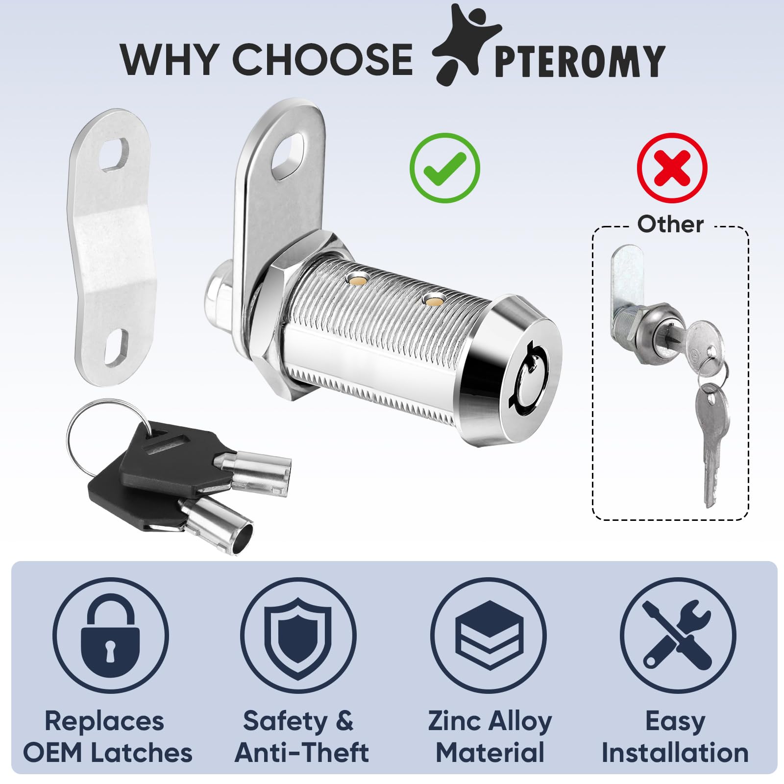 Pteromy 2 Pack Cabinet Locks With Keys, Heavy Duty Tubular Cam Lock For Rv Compartment Storage, Full Set (Chrome, 1-1/2'', 2 Pac