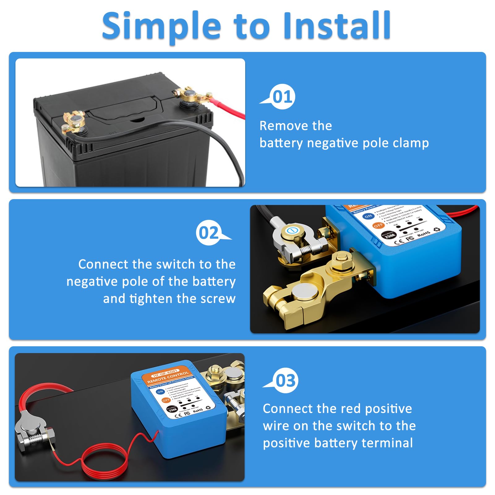 250A Kill Switch for Car, 12V/24V Remote Battery Disconnect Switch Automatic Power Shut/Cut Off Protection Smart Voltage Protect