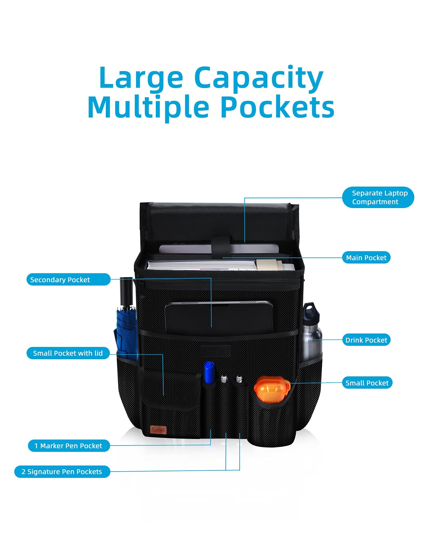 Smof Car Organizer for Front Seat - Black Oxford Storage with Multiple Pockets, Laptop Holder & Cup Holder, Model SMEU-FSO02