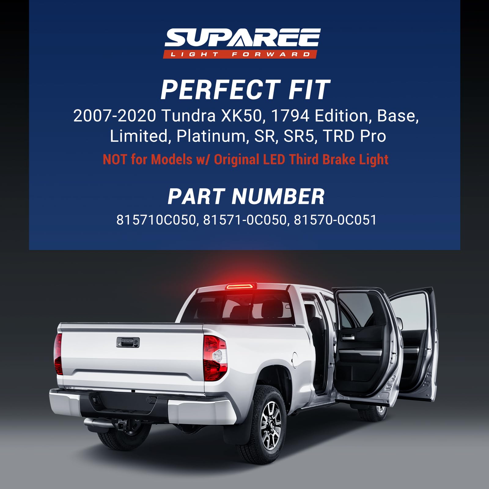 SUPAREE LED Third Brake Light Assembly for 2007-2020 Tundra, Smoked Lens, Roof Cargo Light, Red High Mount Lamp, Model CL1308, Black
