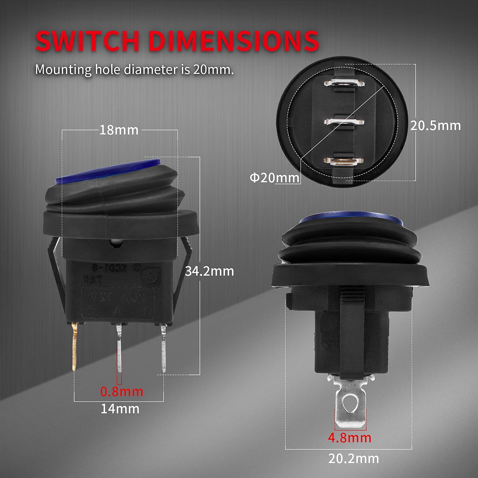 DAIERTEK 12V Waterproof Rocker Switch, Blue LED Lighted, 20A, 3 Pin, Marine/RV/Truck, Model KCD1-8-101NW-B