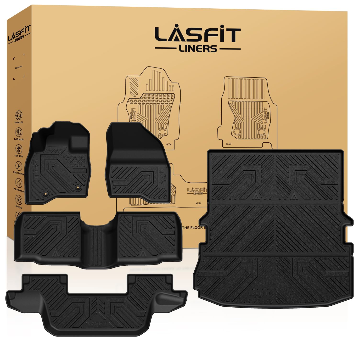 LASFIT Floor Mats & Cargo Mat Set for Ford Explorer 2015-2019, 7 Seats, All Weather, 100% TPE, Black, Model XS-FD19A