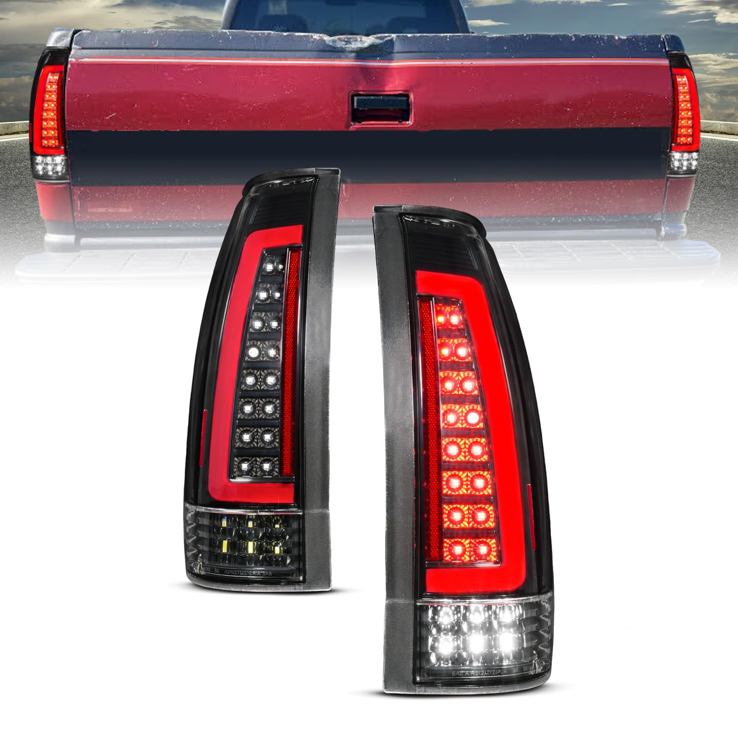 AmeriLite Full LED C-Type Tube Tail Lights Assembly Set for 1988-2000 Chevy GMC C/K Truck - Clear Matte Black - Driver & Passenger Side