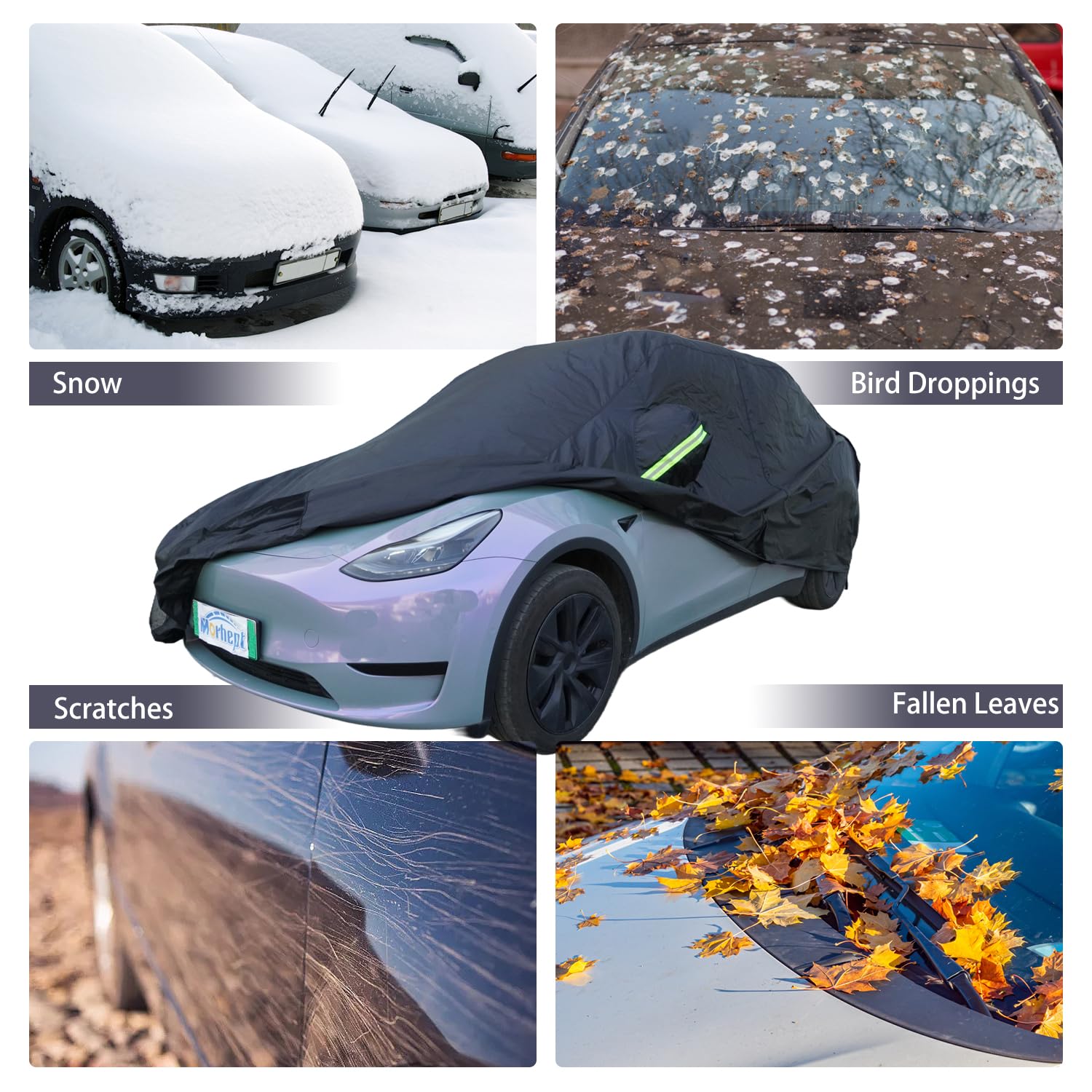 Morhept Car Cover Custom Fit For Tesla Model Y, Waterproof All Weather Full Exterior Cover Rain Snow Uv Protection With Door Zip