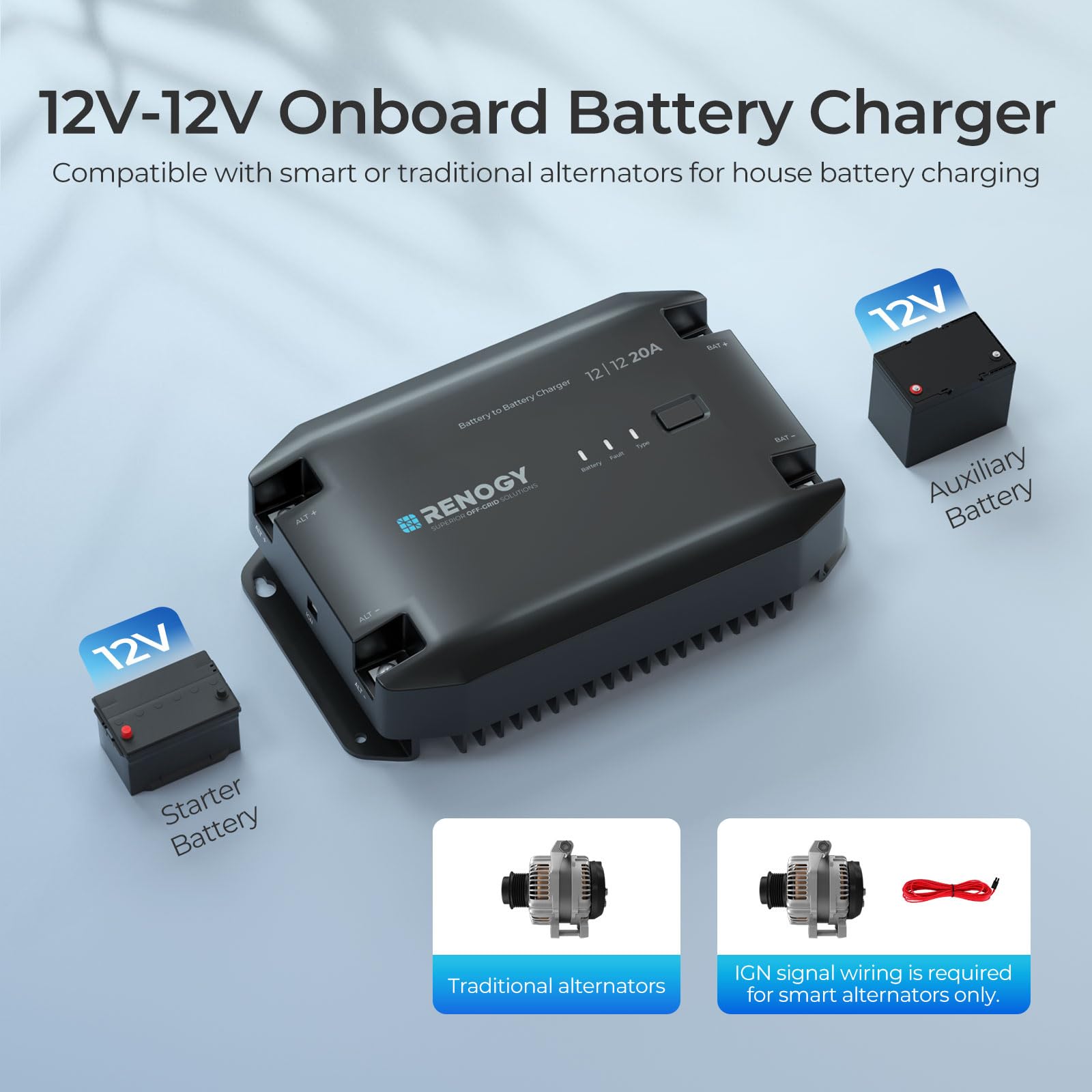 Renogy DC to DC Charger 12V 20A - Multi-Stage for LiFePO4, AGM, Gel, Flooded Batteries, Bluetooth Compatible