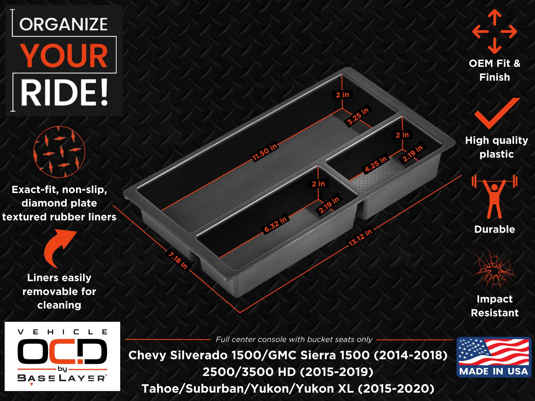 Vehicle Ocd - Center Console Divider And Tray Organizer For Chevy Suburban/Tahoe/Gmc Yukon/Xl (Full Console W/Bucket Seats Only)