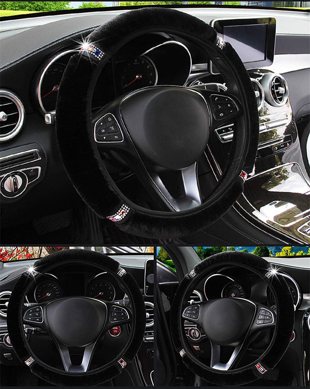 Labbyway Steering Wheel Cover For Winter Warm, Fluffy Pure Australia Sheepskin Wool, With Bling Bling Crystal Rhinestones For Wo