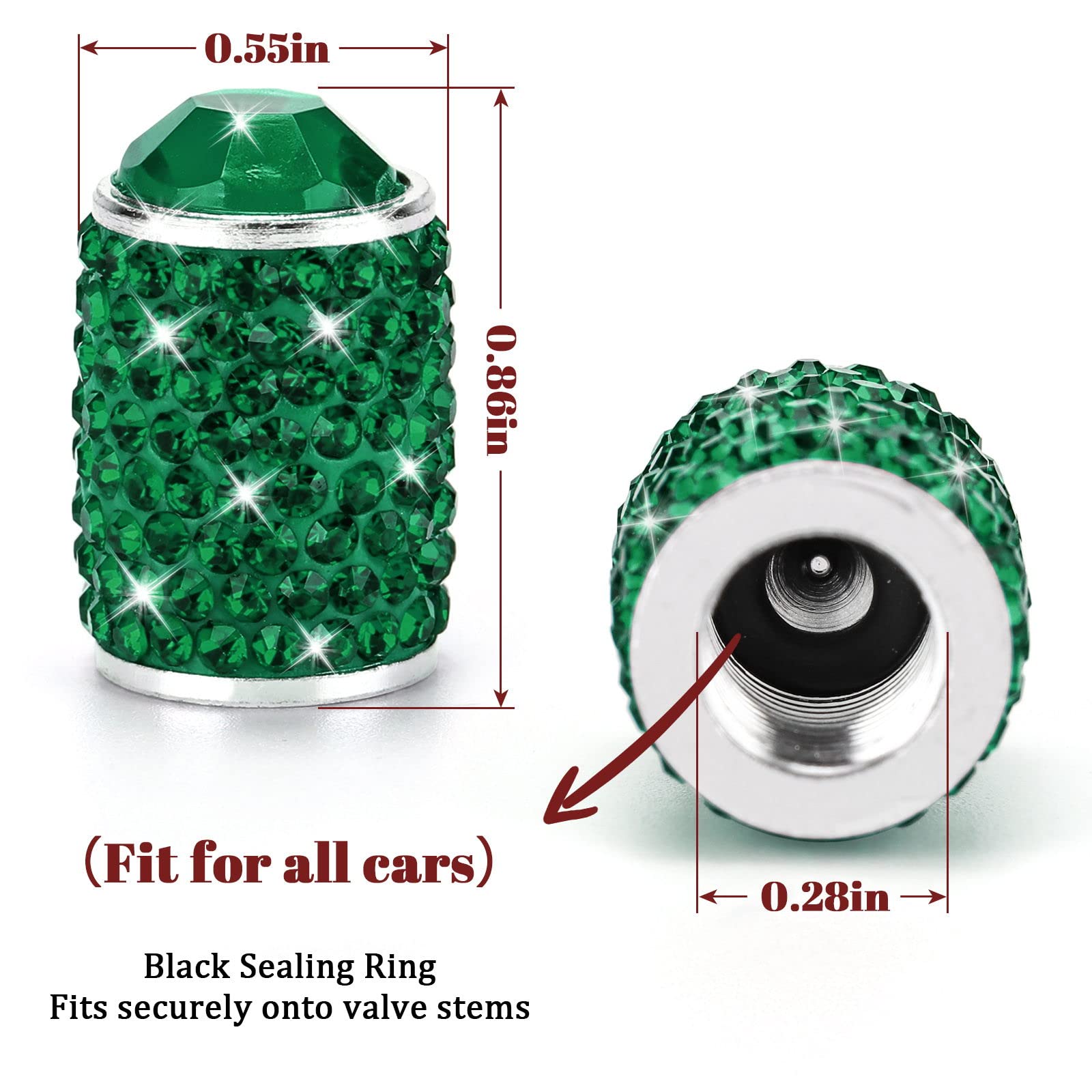 ToBeQueen Bling Tire Valve Caps, Handmade Crystal Rhinestone, Universal Dustproof, Green, 4 Pack for Car/SUV/Motorcycle/Bike
