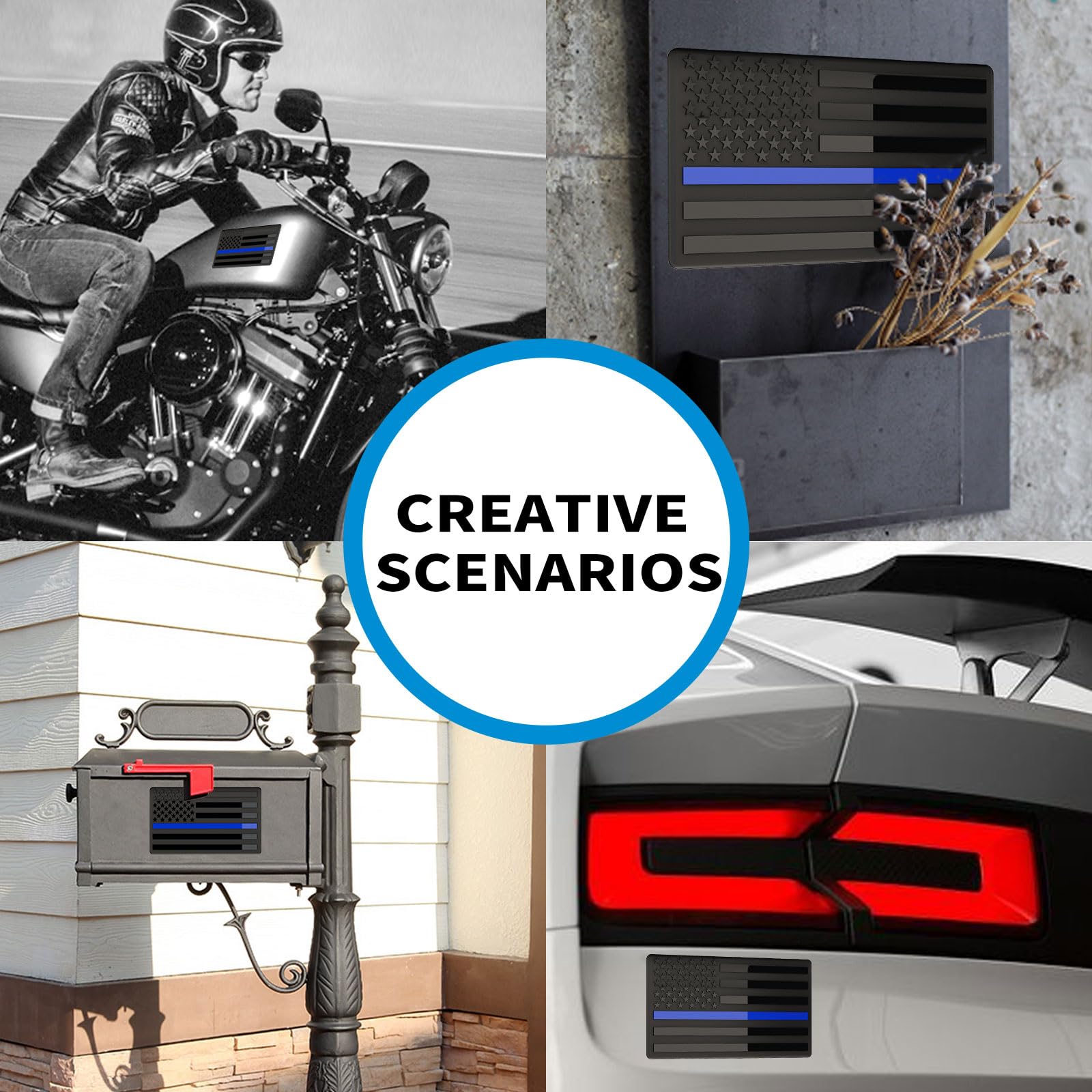 10 Pairs Embossed 3D Metal Thin Blue Line All Black American Flag Emblem Decal Stickers, Matte Black 5'' X 3'' Patriotic Usa Us