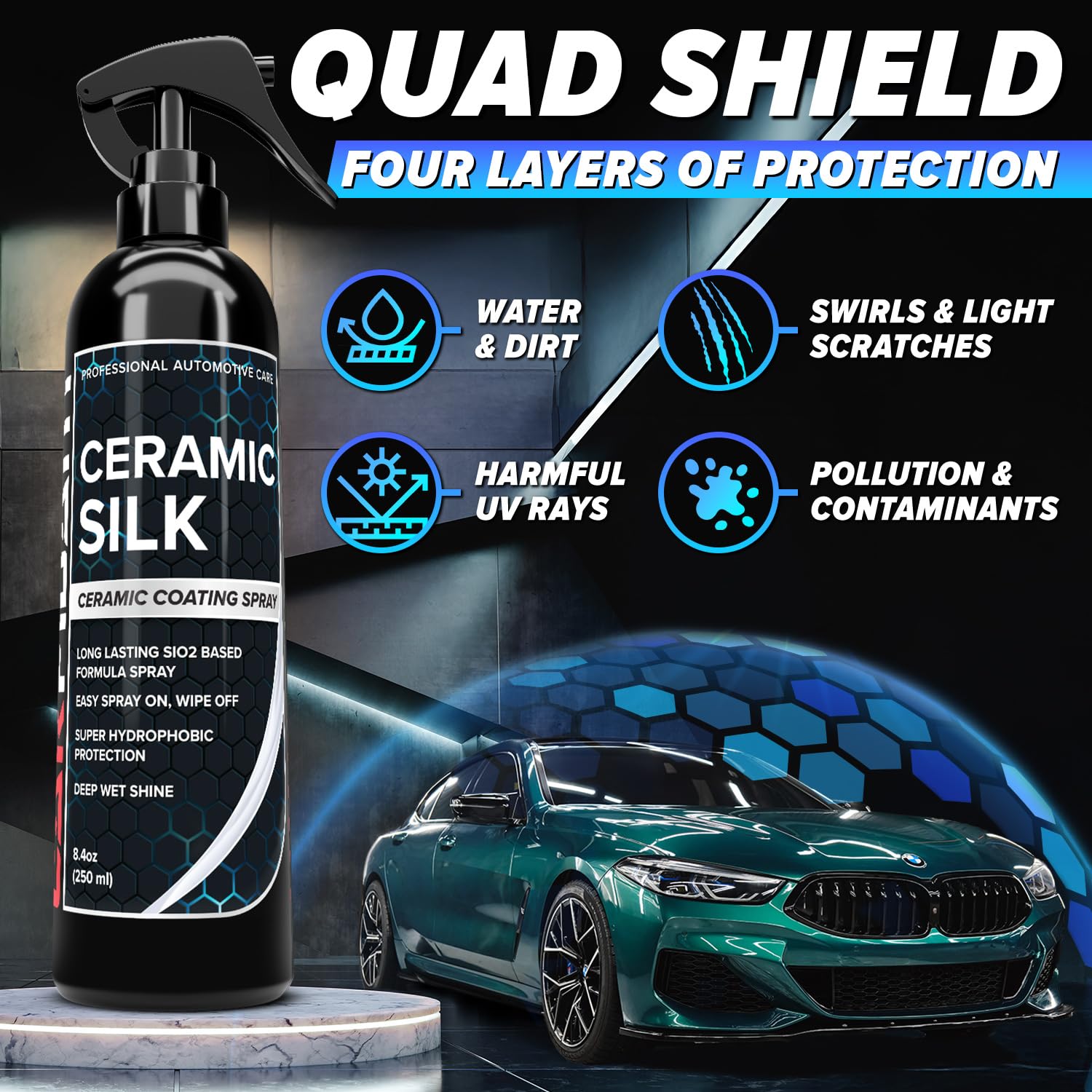 Carfidant Ceramic Silk Spray - High Gloss Ceramic Coating for Cars, RVs & Boats - 8 fl. Oz. Hydrophobic Protection & Durability