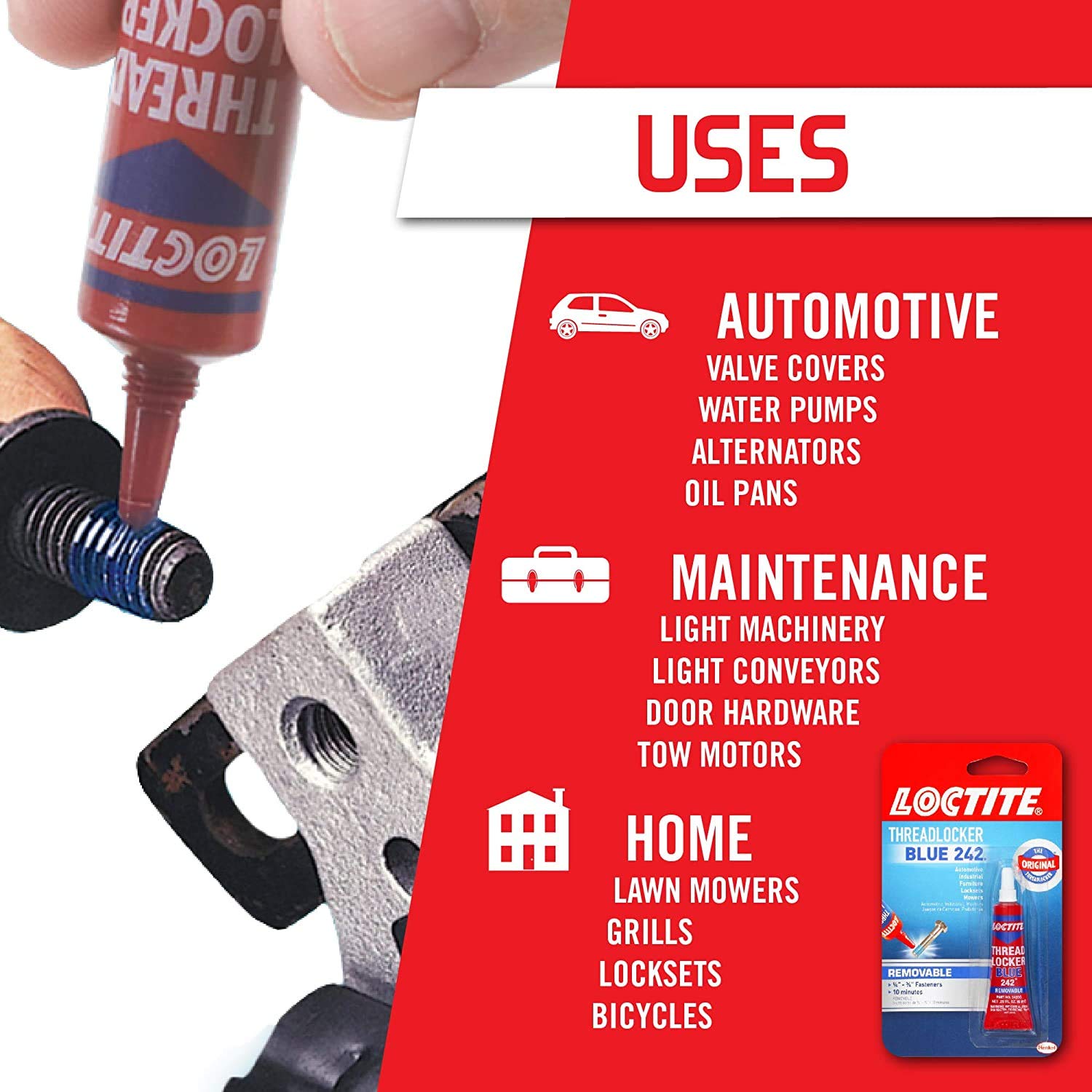 Loctite Threadlocker Blue 242 - Removable Thread Lock Glue For Nuts, Bolts, & Fasteners, Medium Strength Screw Glue To Prevent L