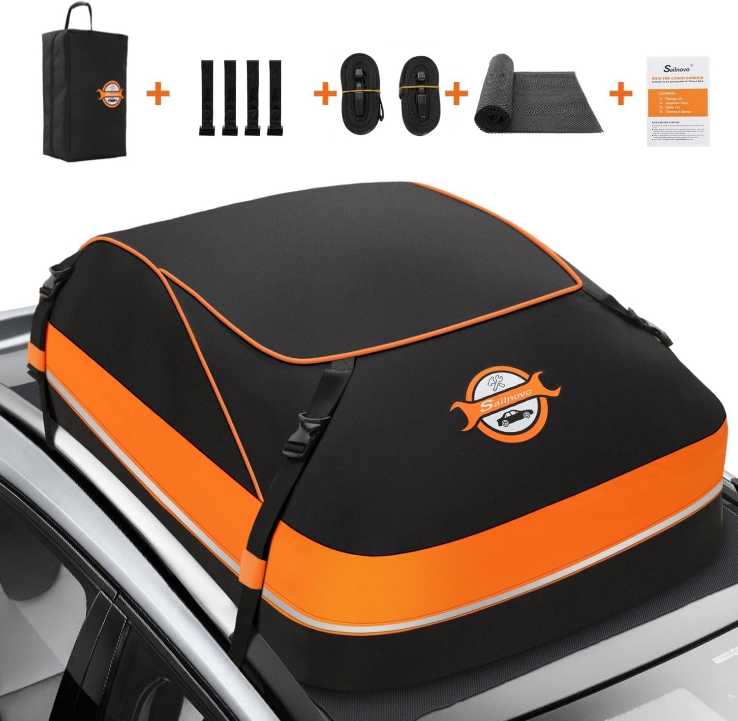 Sailnovo Rooftop Cargo Carrier – 15 Cubic Feet Waterproof Soft-Shell with Anti-Slip Mat & Safety Hooks – Orange, Model #ONLD005033