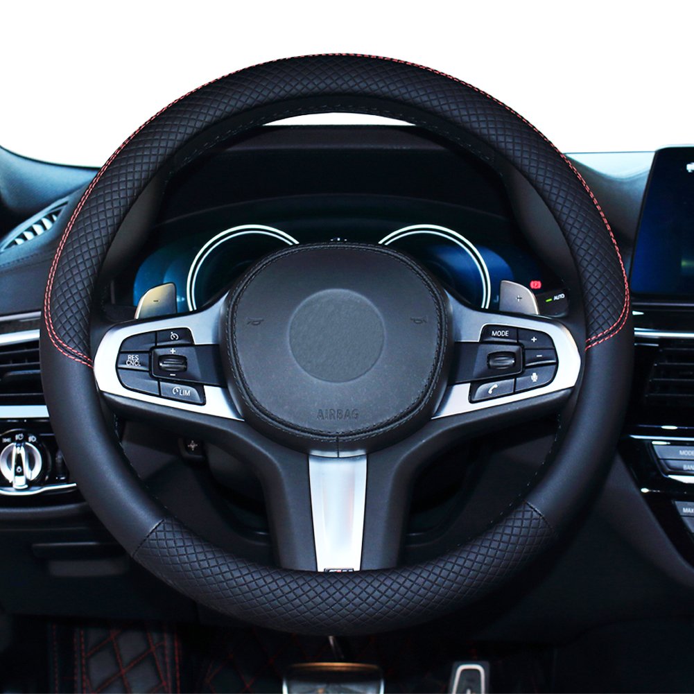 Shiawasena Car Steering Wheel Cover, Leather, Universal 15 Inch Fit, Anti-Slip & Odor-Free (Black)