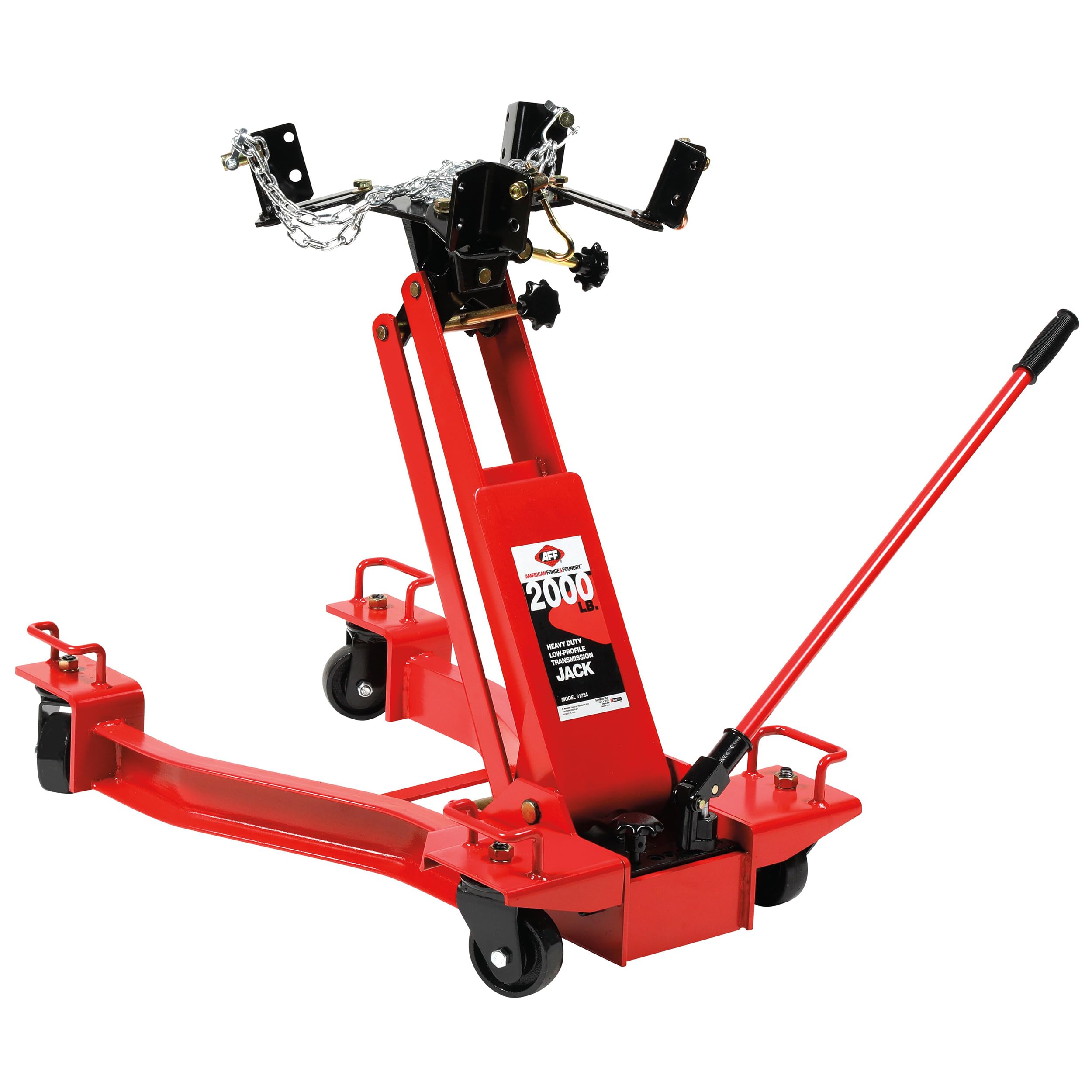 AFF Low Profile Manual Hydraulic Transmission Jack - Heavy Duty Steel Body, Adjustable Saddle with Safety Chain & 360 Handle - f