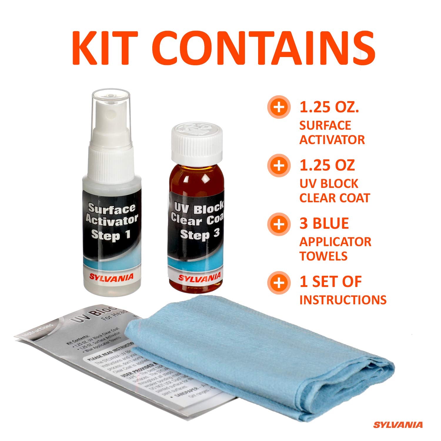 SYLVANIA Headlight Restoration Kit - UV Block Clear Coat, Surface Activator, 1 Fl Oz