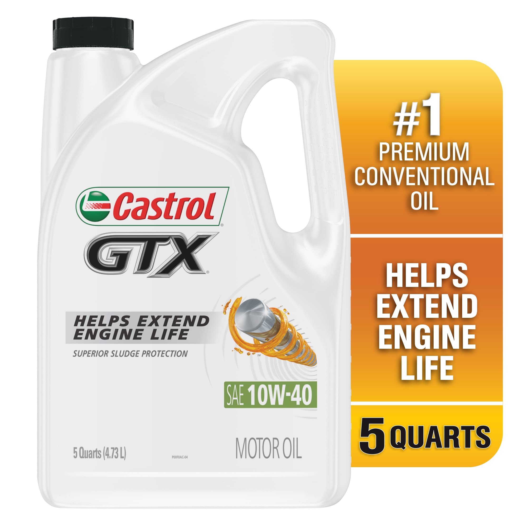 Castrol GTX 10W-40 Conventional Motor Oil - 5 Quarts, Amber, Model 03094