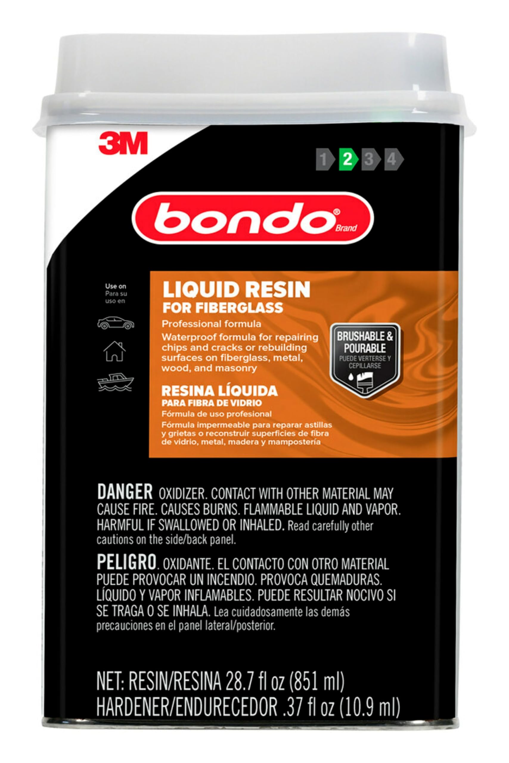 3M Bondo Fiberglass Resin 28.7 Us Fl Oz Filler With 0.37 Fl Oz Hardener, Stage 2, Waterproof Formula For Repairing, Resurfacing,
