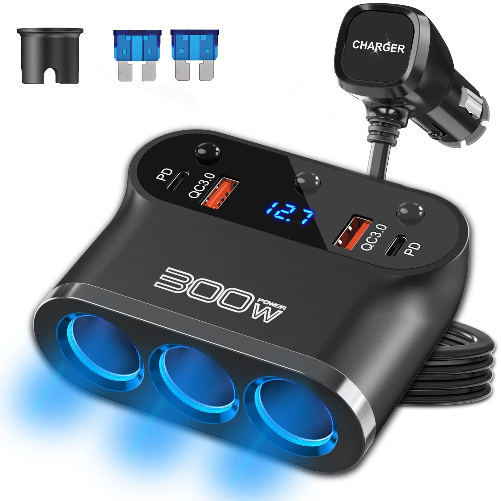 7 In 1 Cigarette Lighter Adapter: Ouffun 300W 3 Socket Car Charger Extensions 12V Splitter With Dual Pd Usb C 30W And Qc3.0 18W 12V Usb Outlet Ports, 12 Volt Car Plug With Led Voltage Separate Switch