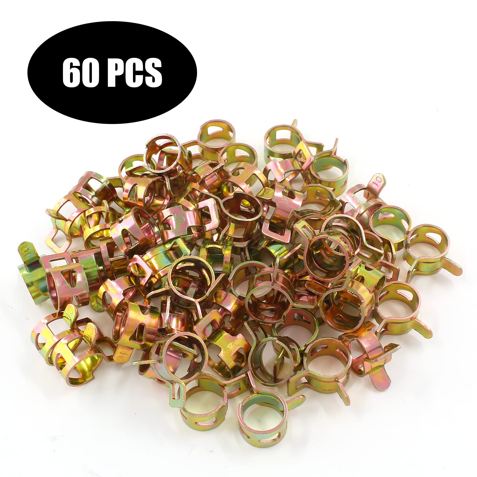 Rierdge 60 Pcs 9Mm Id Spring Band Type Clamps, Fuel Hose Clamps Fasteners, Golden Spring Hose Clip For Fuel Hose Line Water Pipe