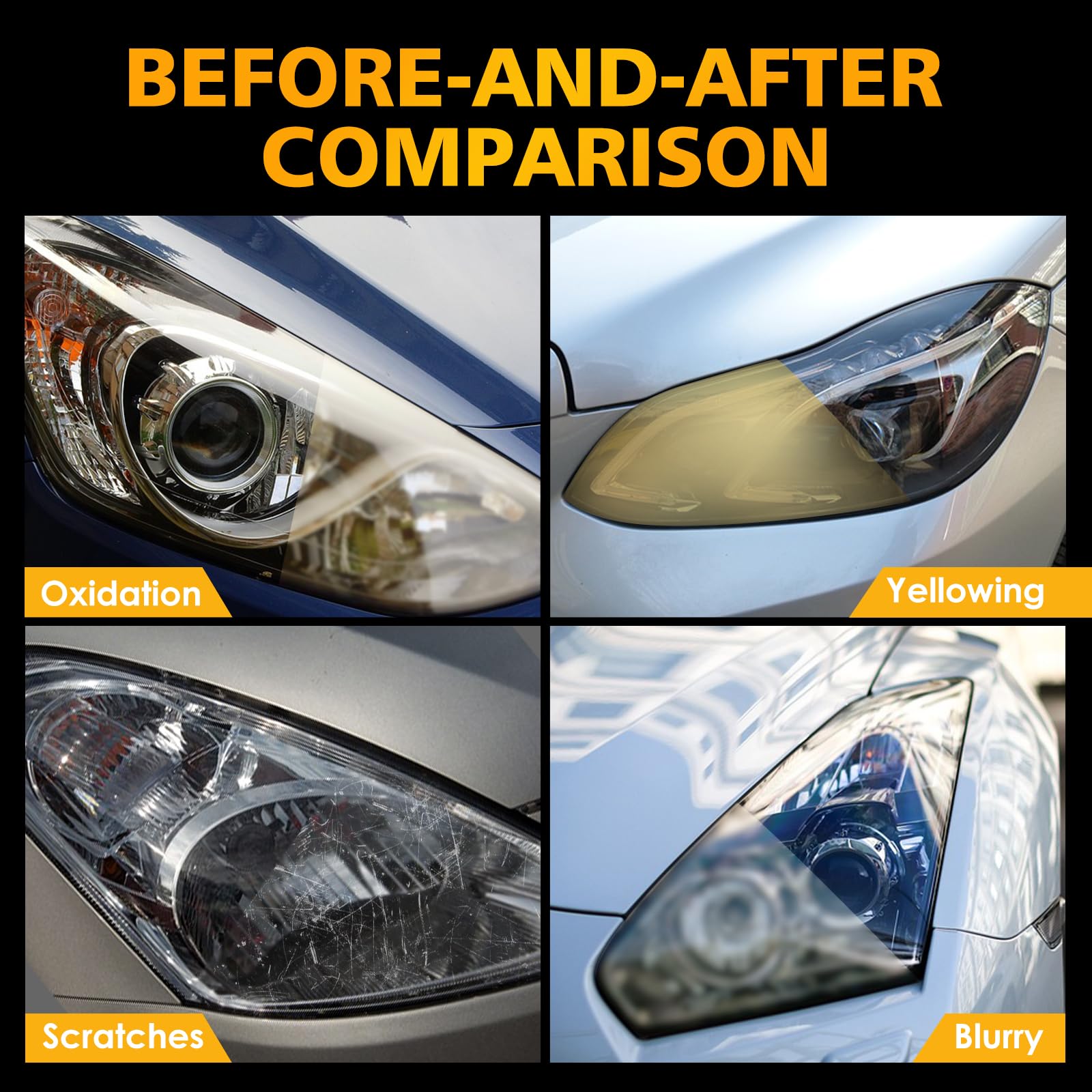 SHIELDOM Headlight Restoration Kit - Professional Cleaner & Polisher, 30ml, Includes 3 Sandpapers, Foam, Towel for DIY Repair