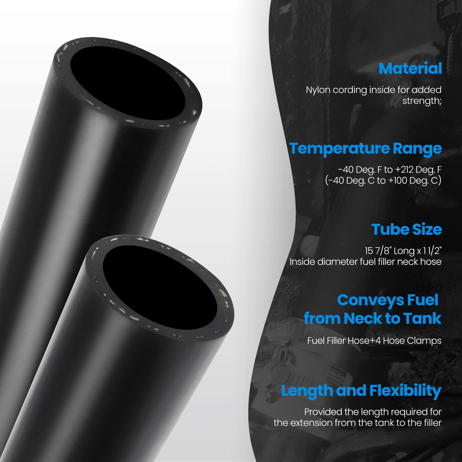 TKKEUEP Gasoline Fuel Filler Neck Hose With 4 Clamps, 1 1/2 Inches Inside Diameter, Reinforced Gas Tank Hose (45 Degree, 1 1/2''