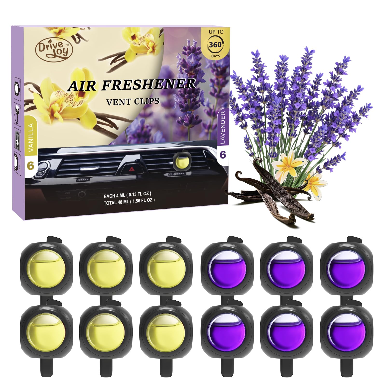 Car Air Freshener Vent Clips, 12 Pack, 6 Vanilla, 6 Lavender, Provides Long-Lasting Scent, Up to 360 Days, Car Fresheners