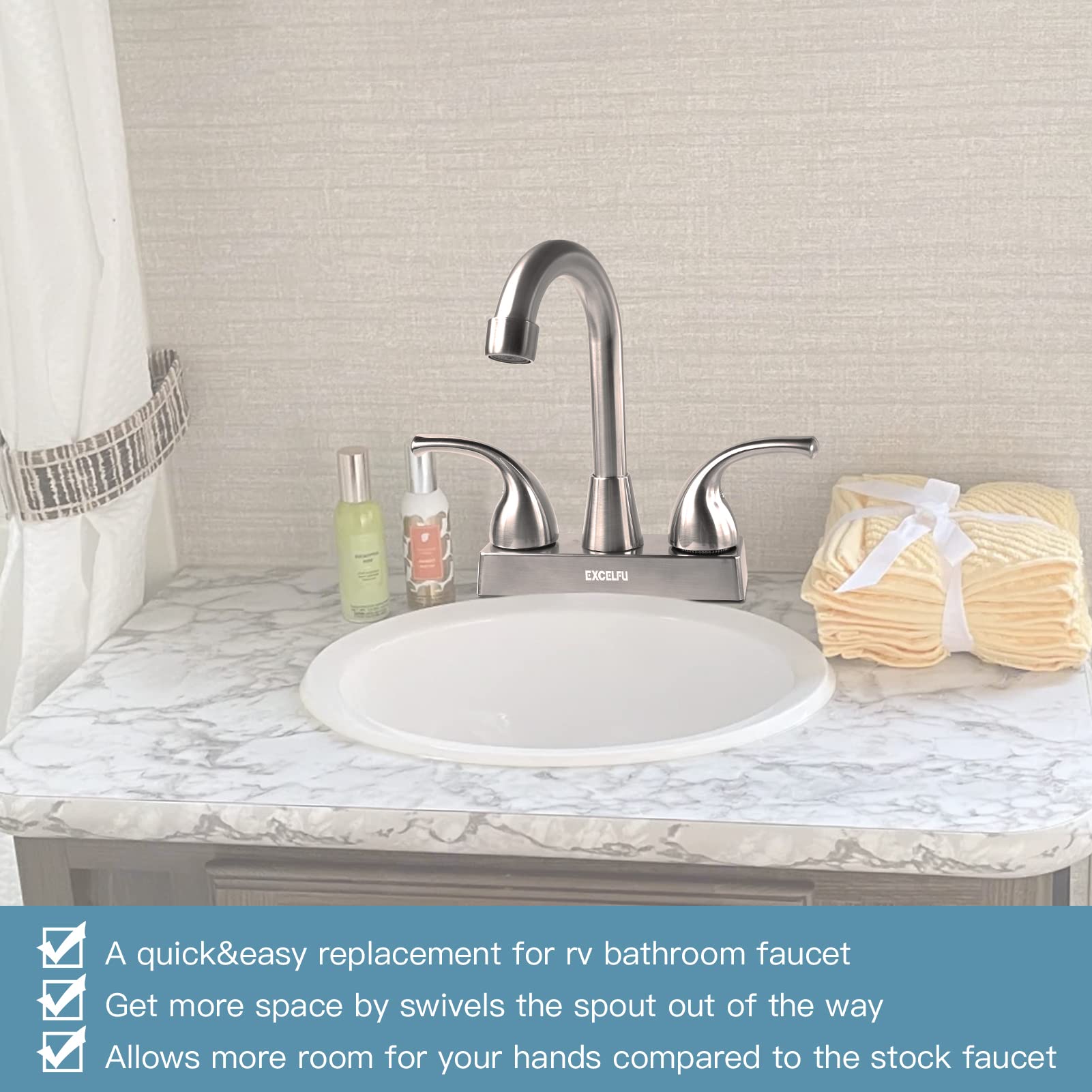 EXCELFU RV Bathroom Faucet - 4" Replacement for Campers & Boats, Brushed Satin Nickel, Model RBF-0052, Classical Lever Handles
