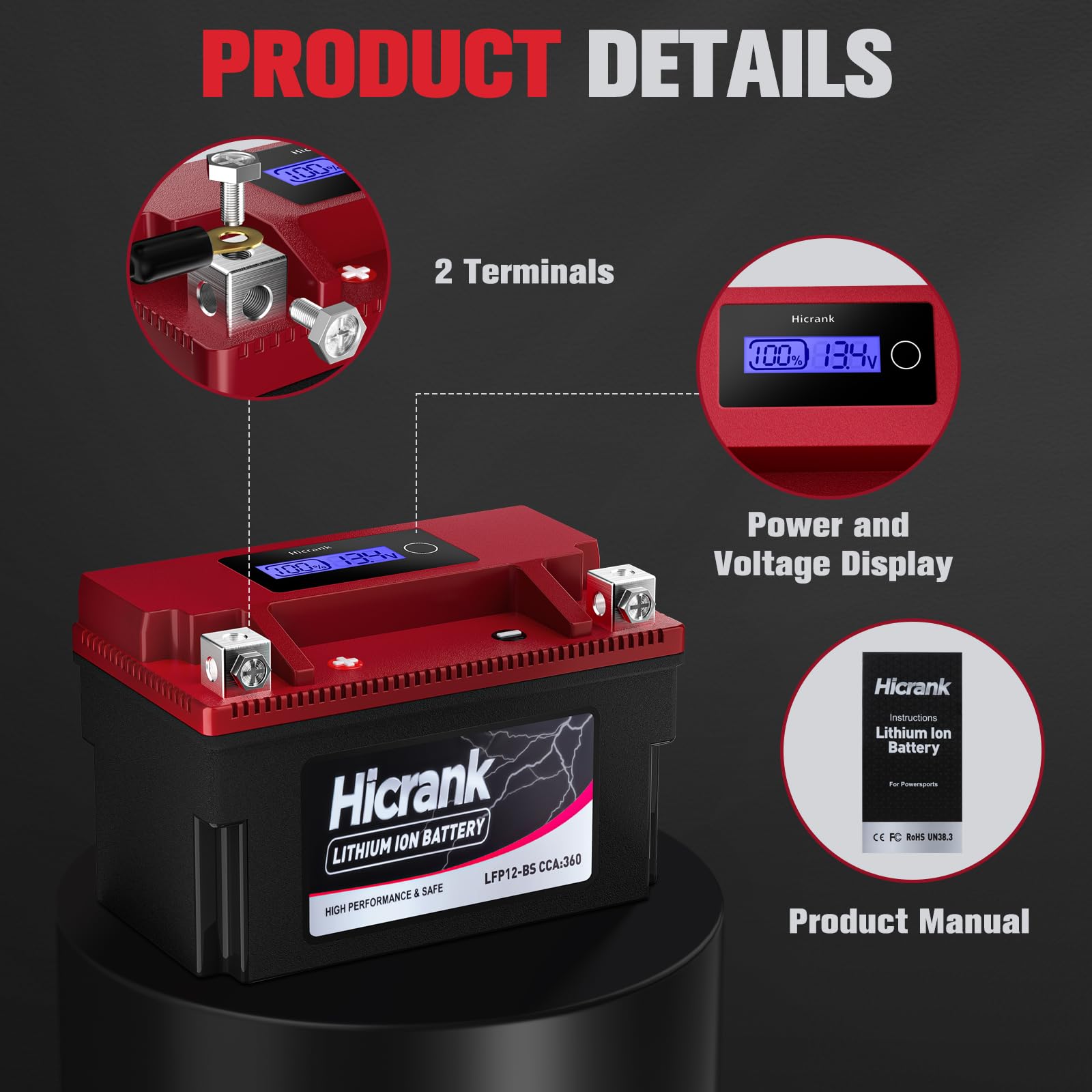 Hicrank YTX12-BS 12V 6Ah Lithium Motorcycle Battery, 360CCA Powersports Battery for Honda, Yamaha, Harley, ATV, UTV, Scooter, Lawn Mower