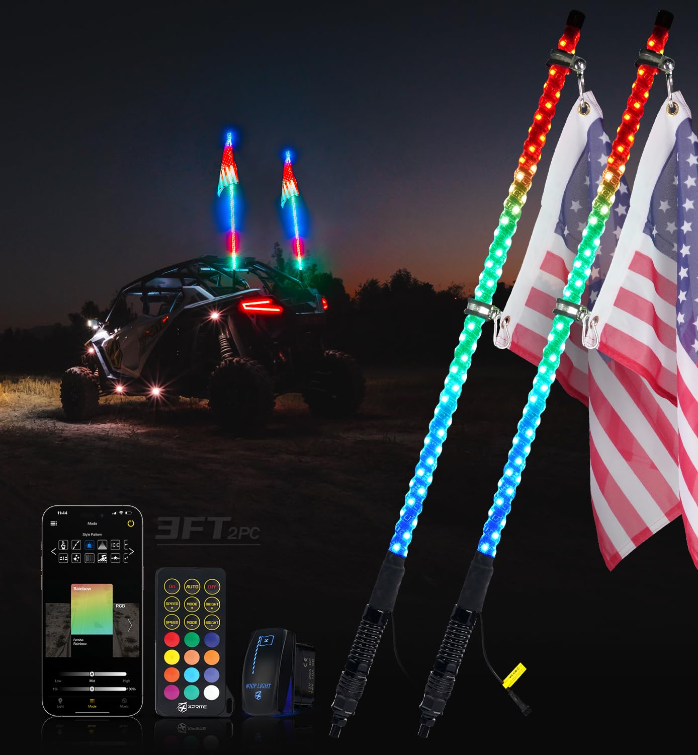 Xprite 2PC 3FT Spiral RGB LED Whip Light with Spring Base, App & Remote Control Stop Turn Reverse Brake Lights Chasing Antenna L