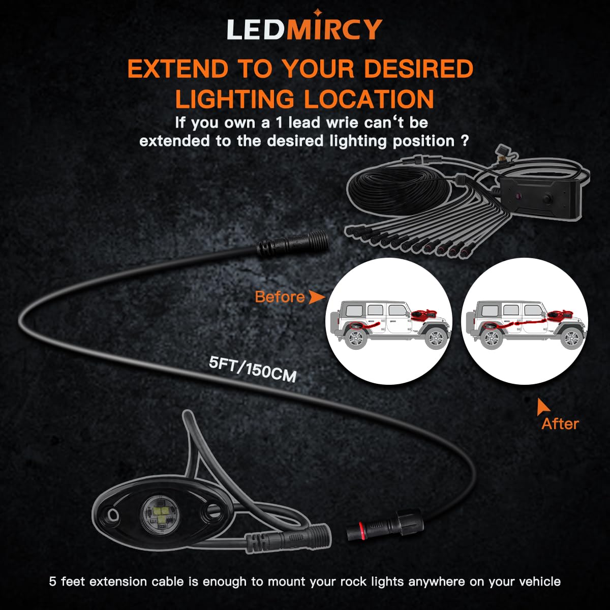 LEDMIRCY LED Rock Lights Extension Cable 2Pin 5ft 22AWG PVC Waterproof 4PCS for Truck Wheel Spot Flood Lights