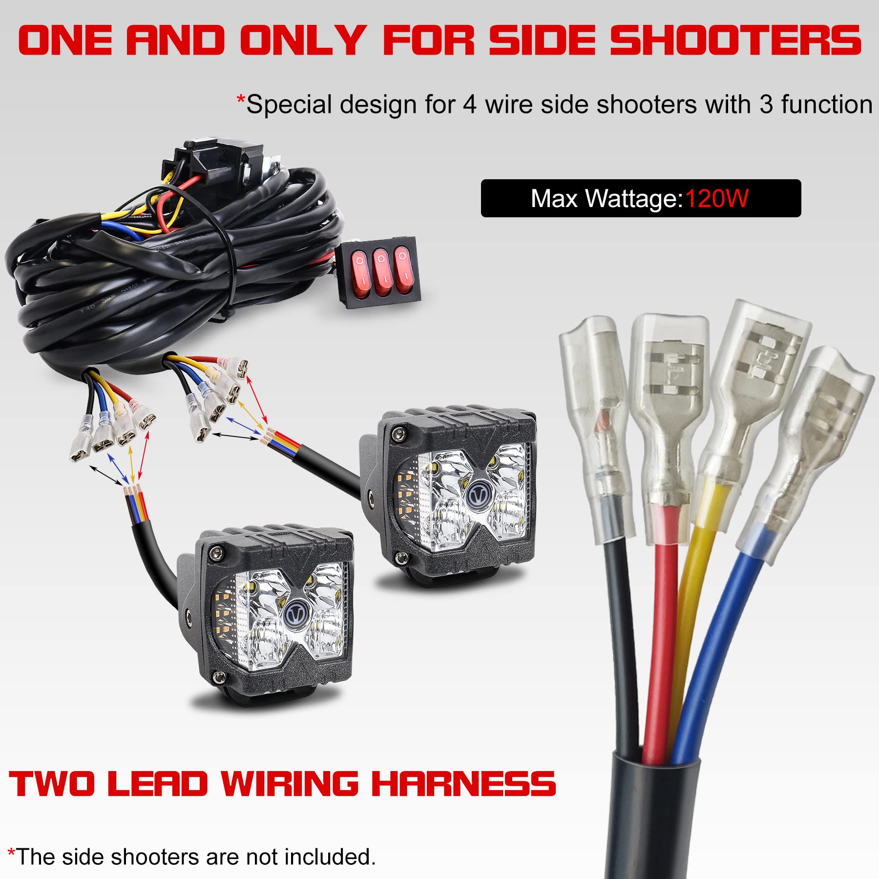 2 Leads Wiring Harness Kit With 3 On Off Switches, Povtor 12V 4 Wires Led Side Shooter Pods Wiring Harness For Off Road Heavy Du
