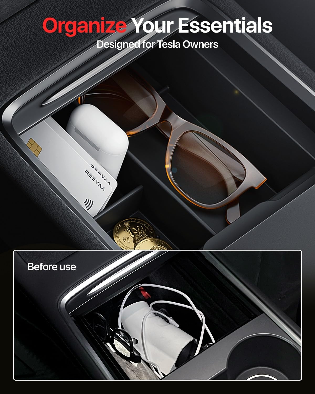 REEVAA Tesla Model Y Center Console Organizer Tray, Premium Silicone, Bumpy Road Friendly, 2020-2025, Stylish Black, 1PCS