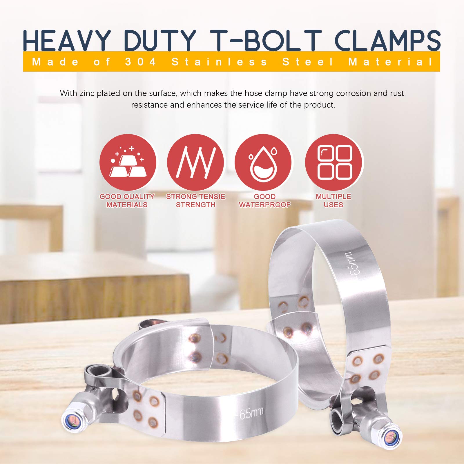 Hilitchi 2Pcs Stainless Steel T-Bolt Clamps With Rounded Band Edges Heavy Duty Turbo Intake Intercooler Clamp (57-65Mm) For 2 In