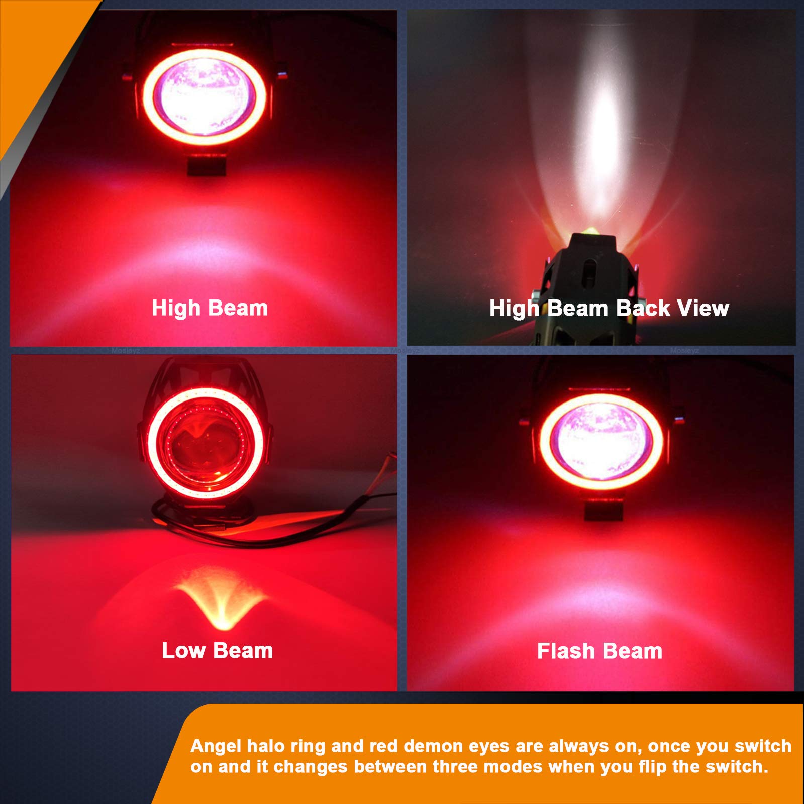 Motorcycle Led Fog Lights U7 Spotlight Daytime Running Lights With Red Angel Eyes Halo Ring And On/Off Toggle Switch 2-Sets